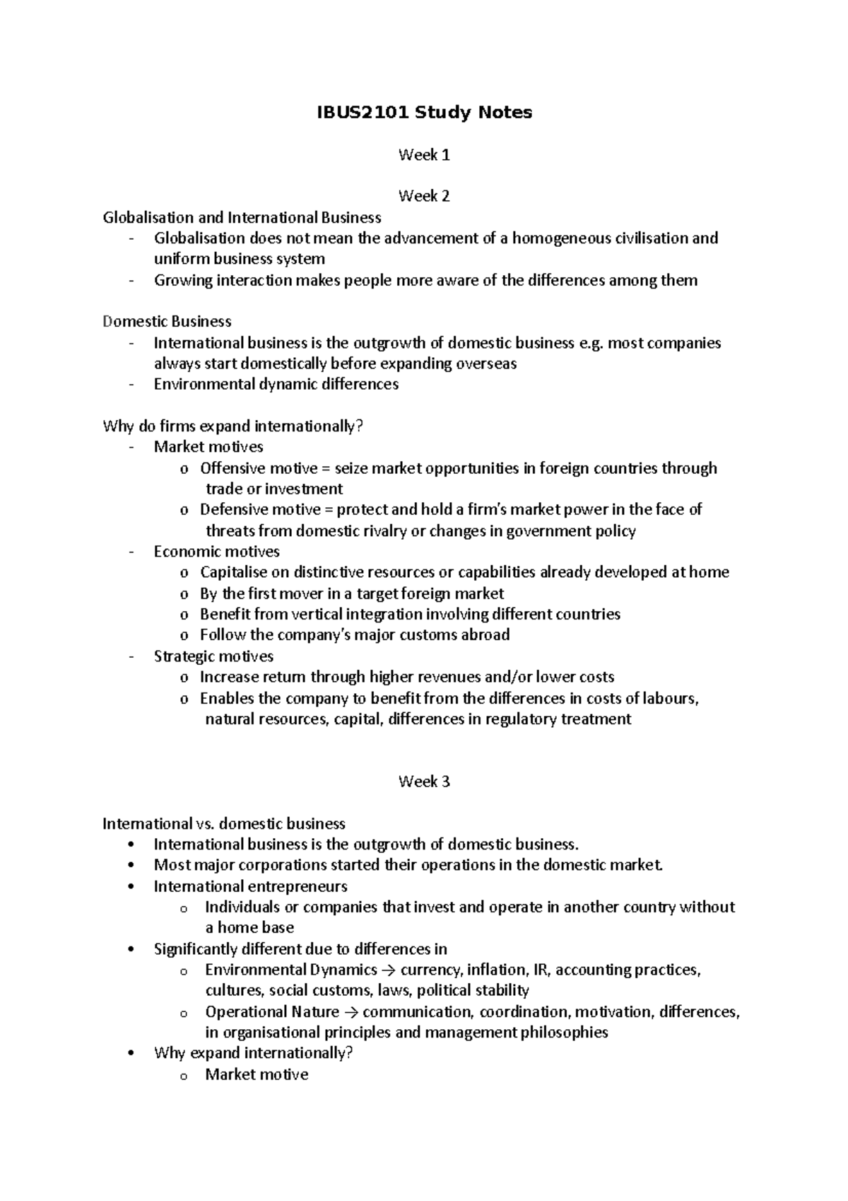 IBUS2101 Study Notes - IBUS2101 Study Notes Week 1 Week 2 Globalisation ...
