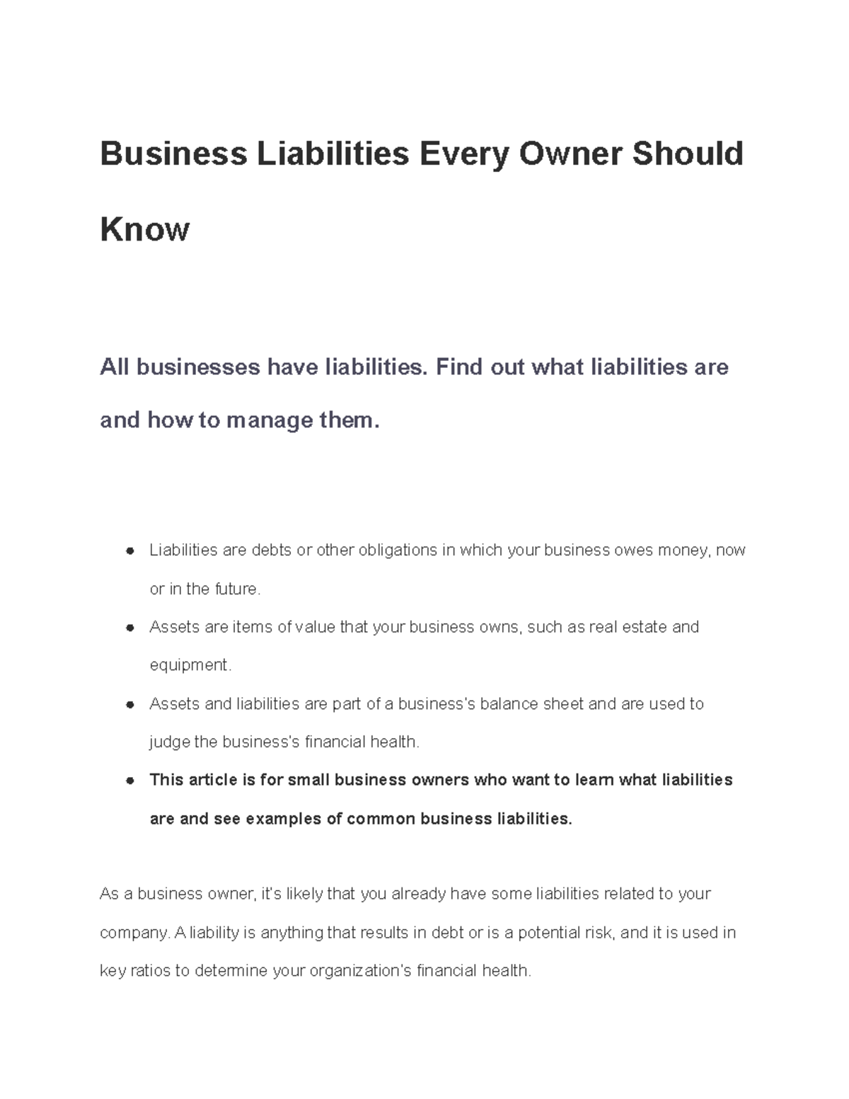 Liabilities - extra notes - Business Liabilities Every Owner Should ...