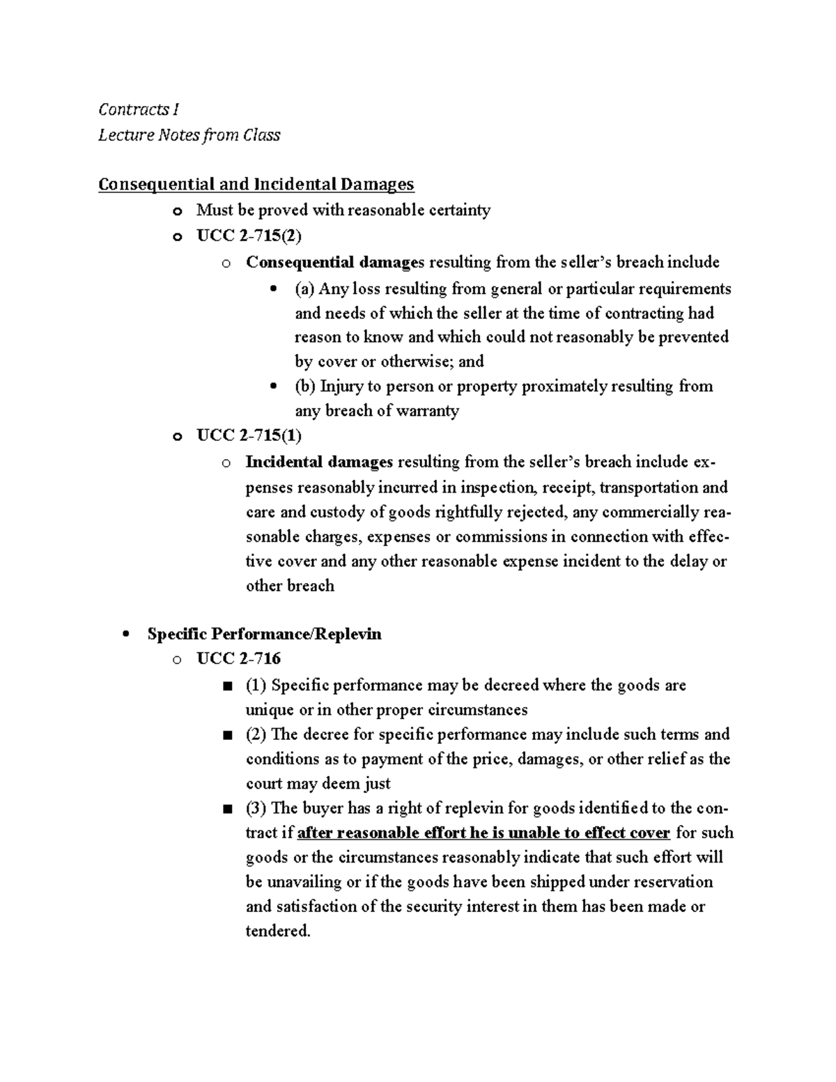 Consequential and Incidental Damages - Contracts I Lecture Notes from ...