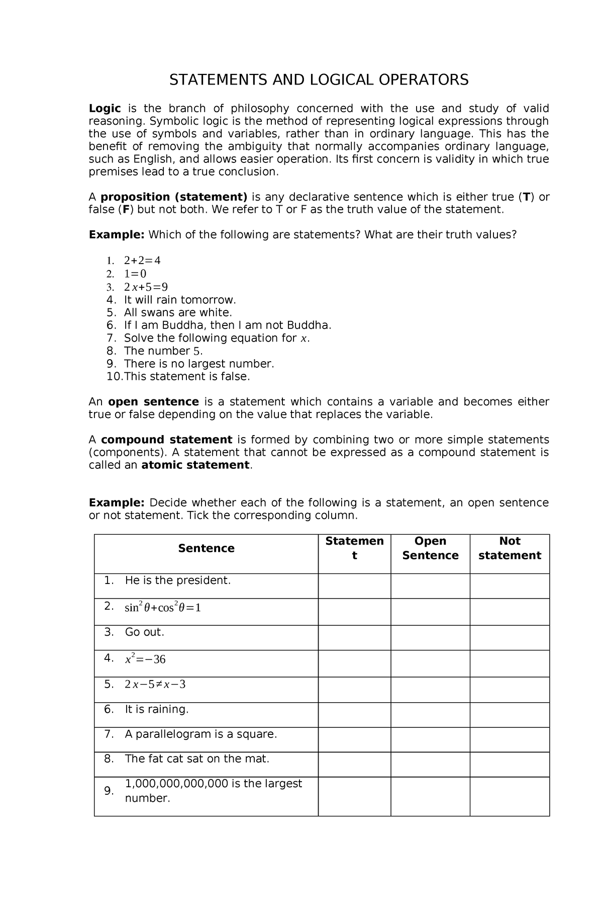 2 - mathematics - STATEMENTS AND LOGICAL OPERATORS Logic is the branch ...