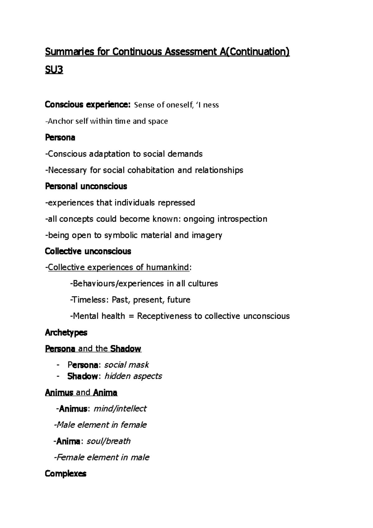 Summaries for Continuous Assessment A, for preparation of the first ...