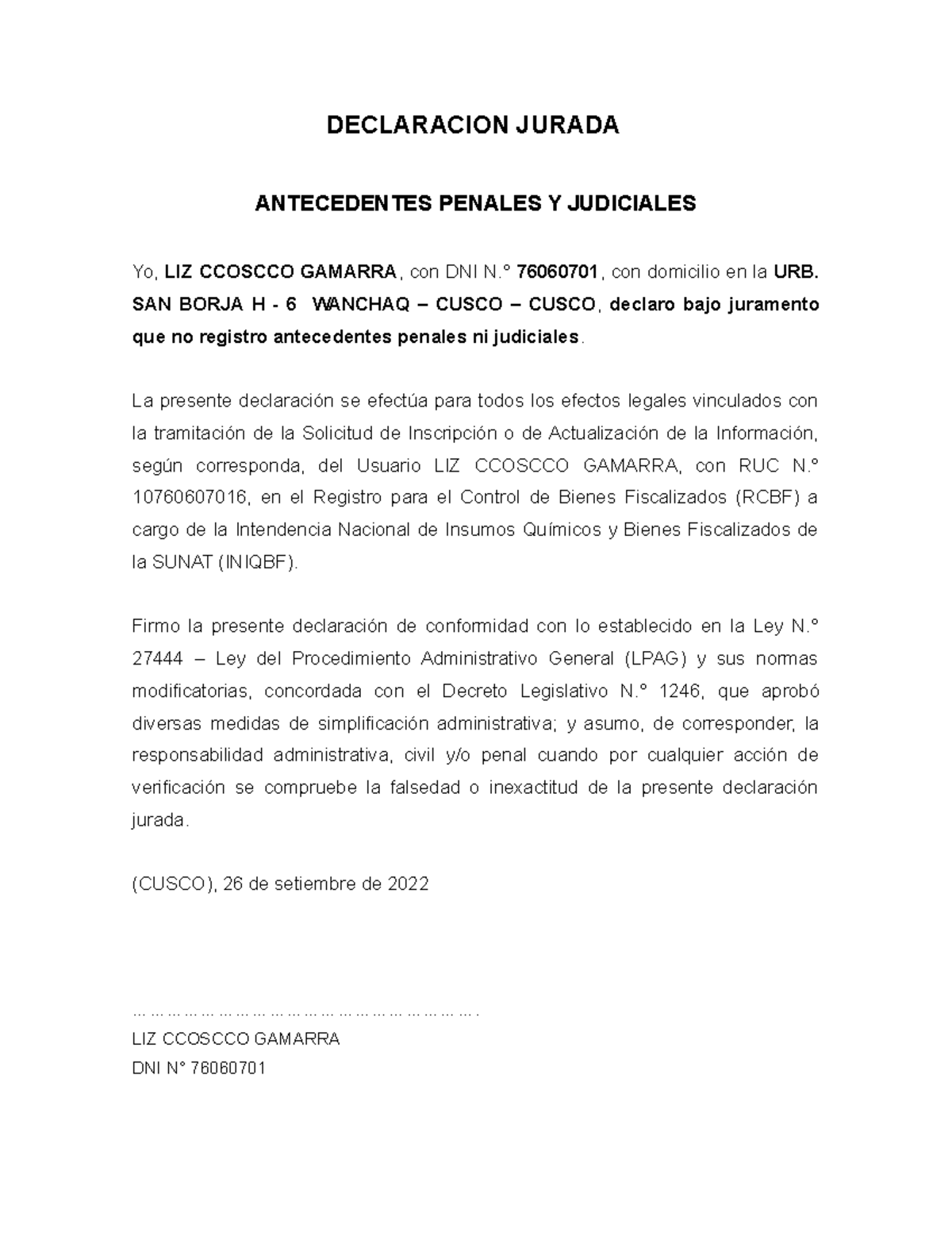 Declaración Jurada De No Tener Antecedentes Penales Ni Judiciales - LIZ ...