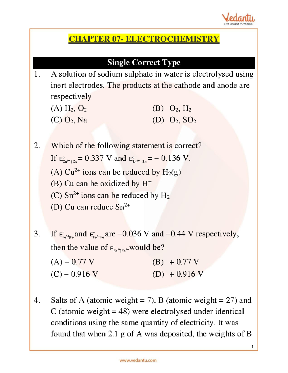 JEE Advanced Electrochemistry Important Questions CHAPTER 07
