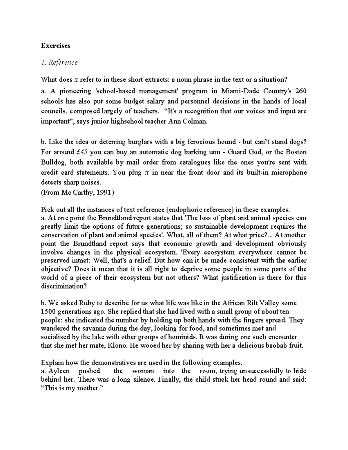 Cohesive devices exercise Exercises Reference What does it refer to