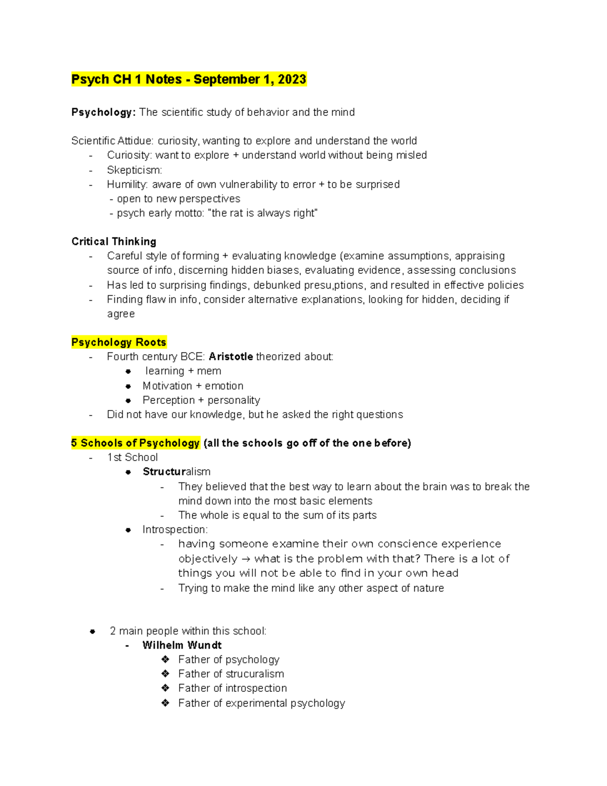 Psych CH 1 Notes - Psych CH 1 Notes - September 1, 2023 Psychology: The ...