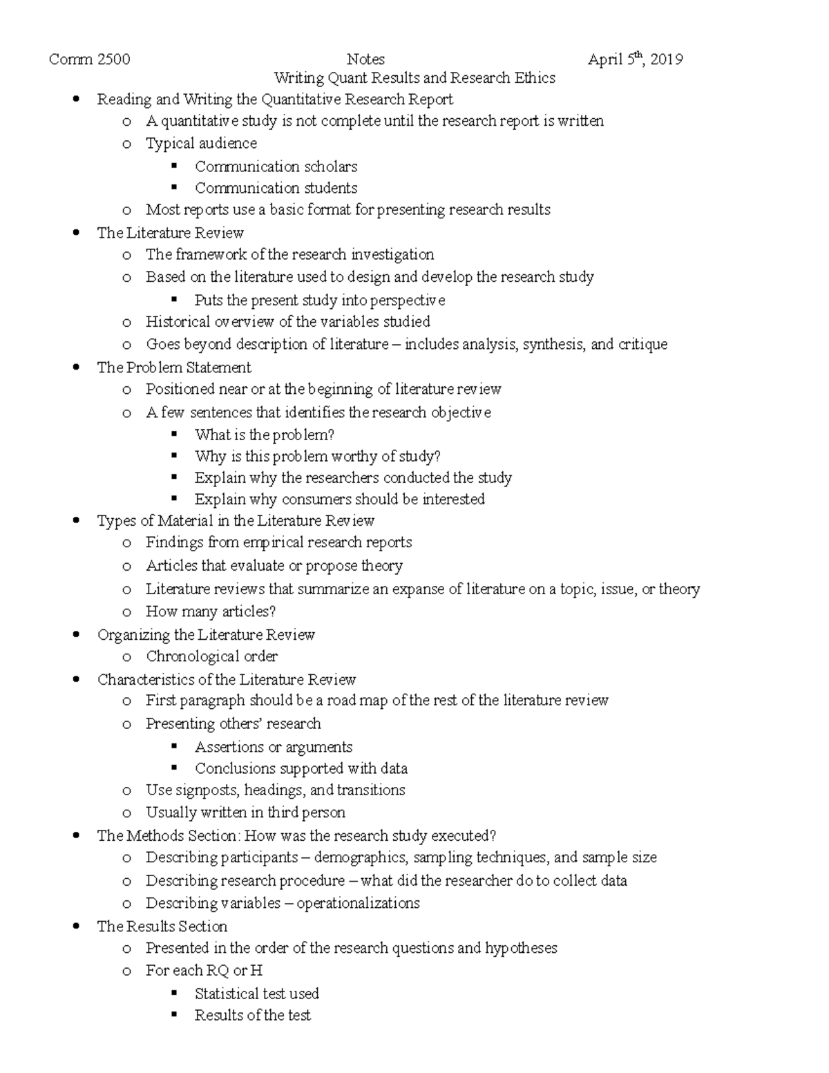 Lecture Notes Week 11 - Notes April 5th, 2019 Writing Quant Results And ...