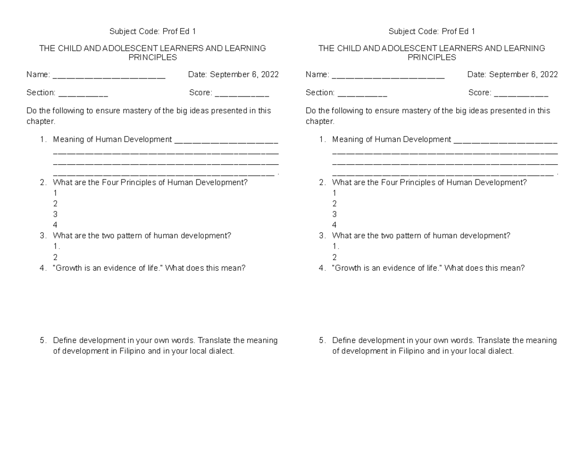 Profed 1 child and adolescent - Subject Code: Prof Ed 1 THE CHILD AND ...