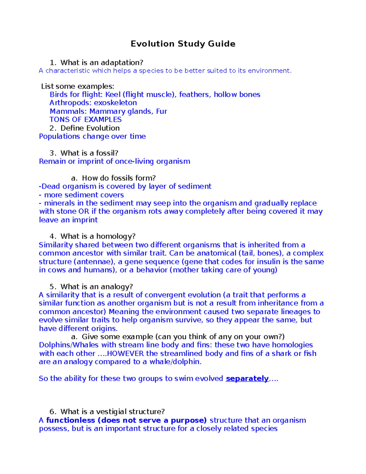 Evolution Study Guide Answers - Evolution Study Guide What is an ...