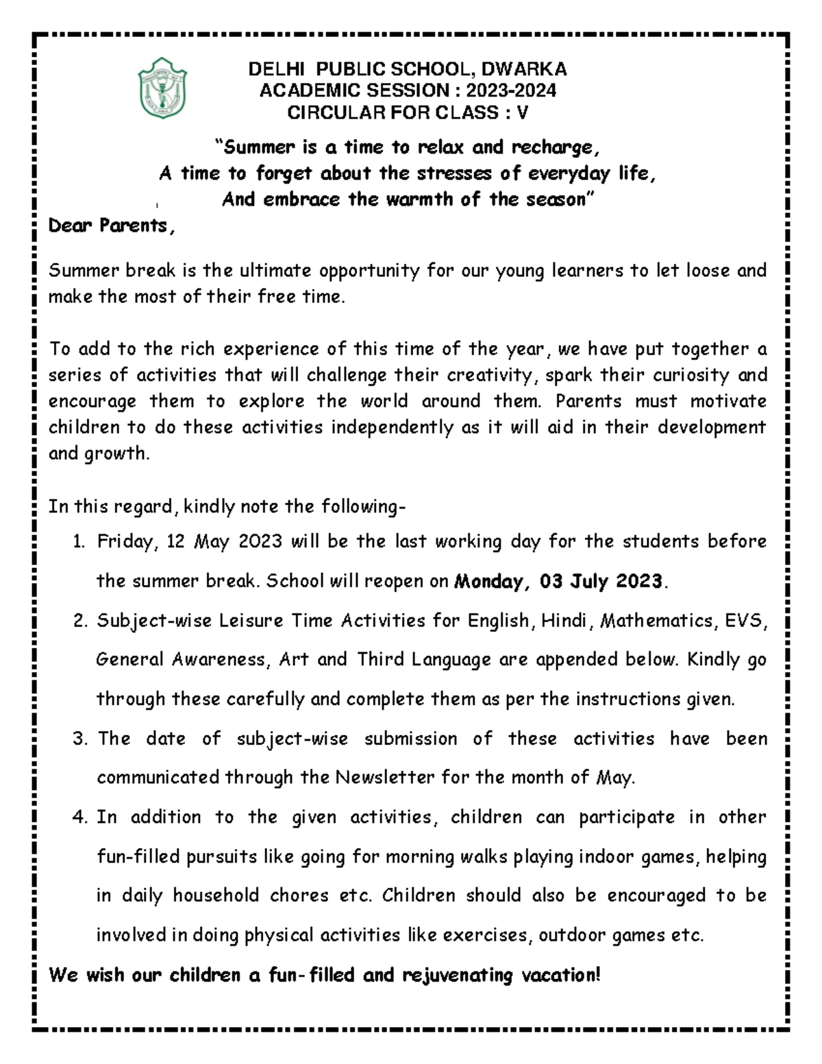 Class 5 Leisure TIME Activities 2023 2024 DELHI PUBLIC SCHOOL, DWARKA