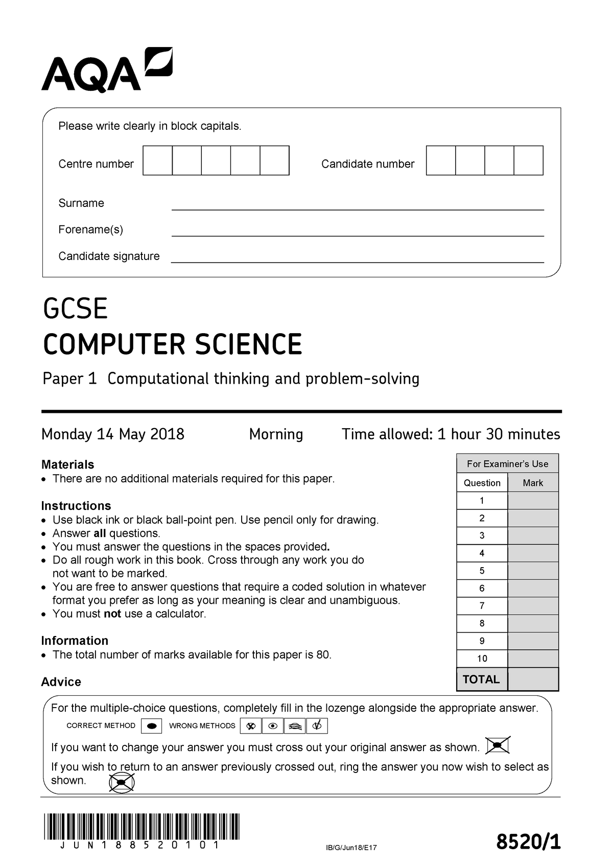 June 2018 QP - Paper 1 AQA Computer Science GCSE - jun188520101 IB/G ...