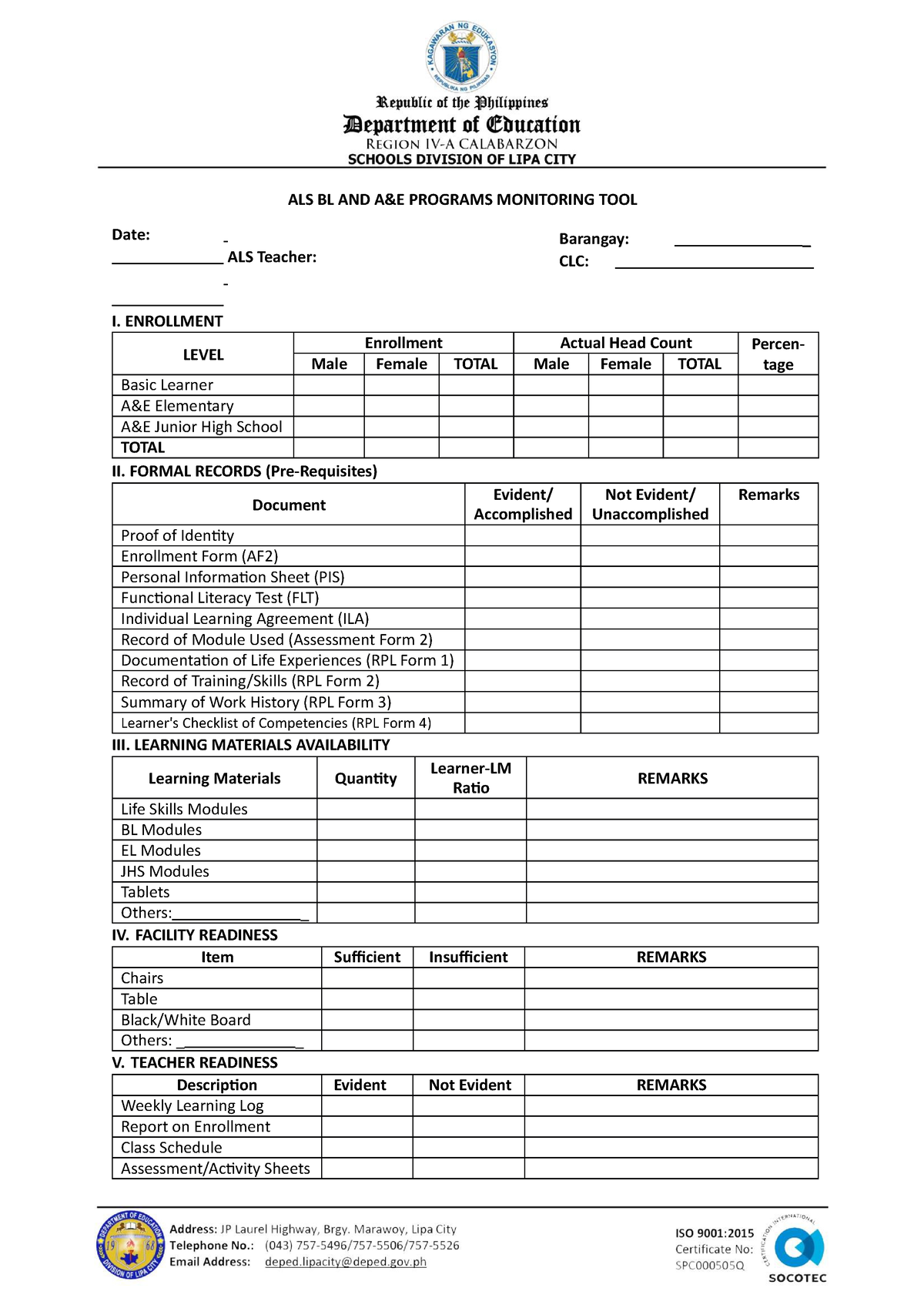 ALS Monitoring Tool - ALS BL AND A&E PROGRAMS MONITORING TOOL Date: ALS ...