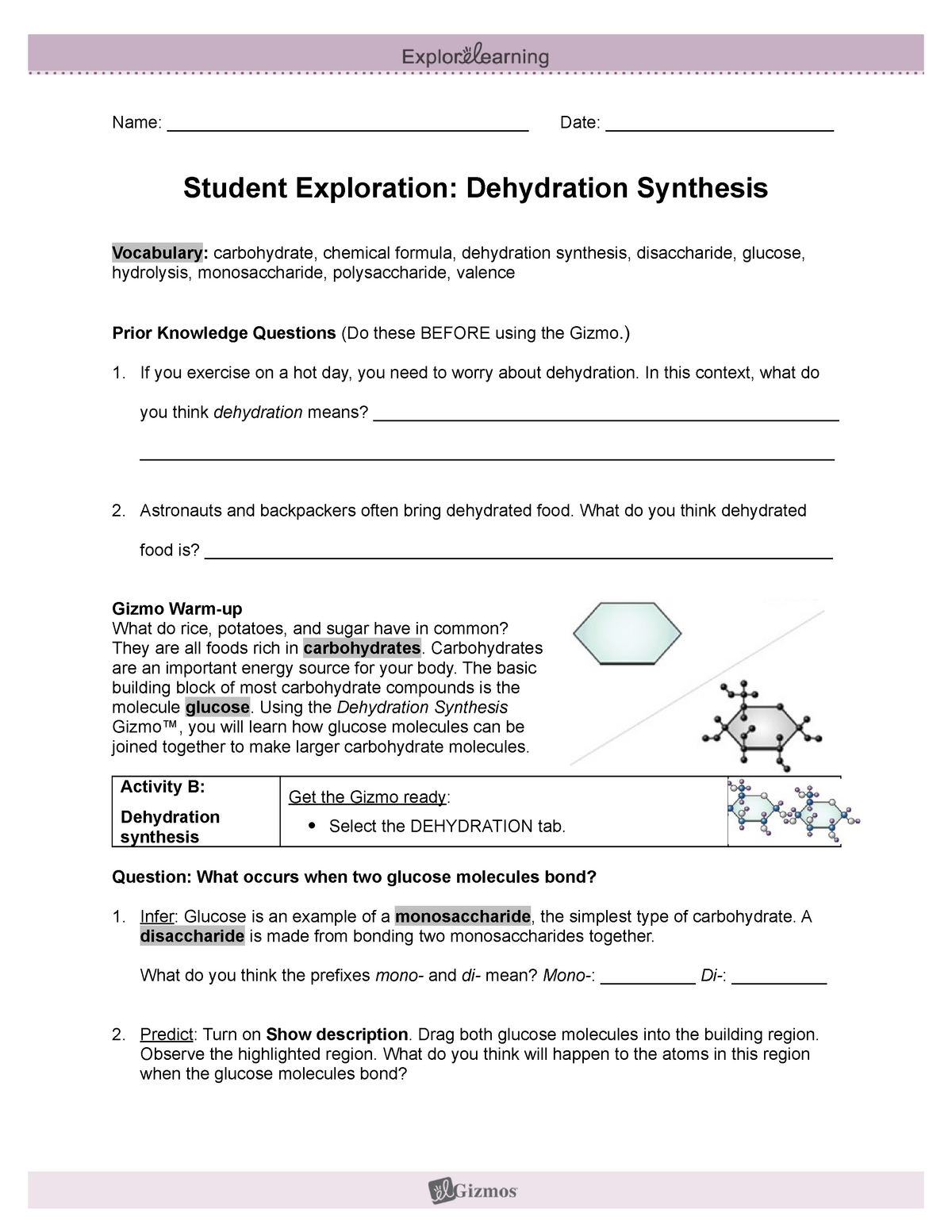 Dehydration synthesis assignment for biology Name