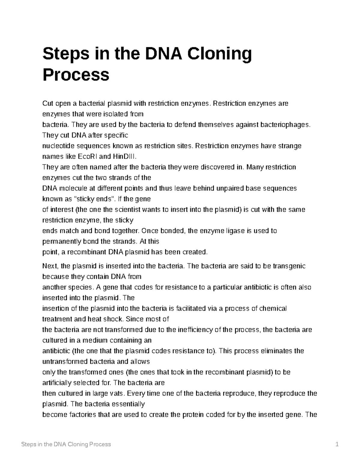 Steps in the DNA Cloning Process - Restriction enzymes are enzymes that ...
