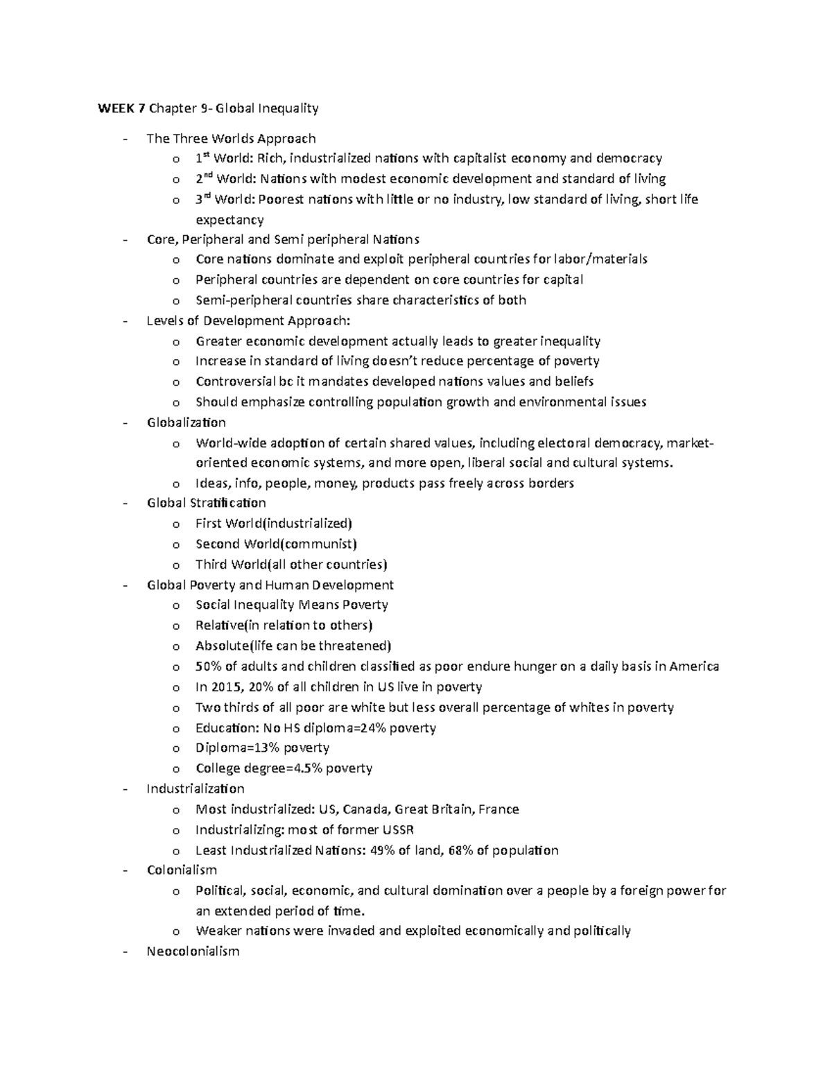 Exam 3 Study Guide SOC101 - WEEK 7 Chapter 9- Global Inequality The ...
