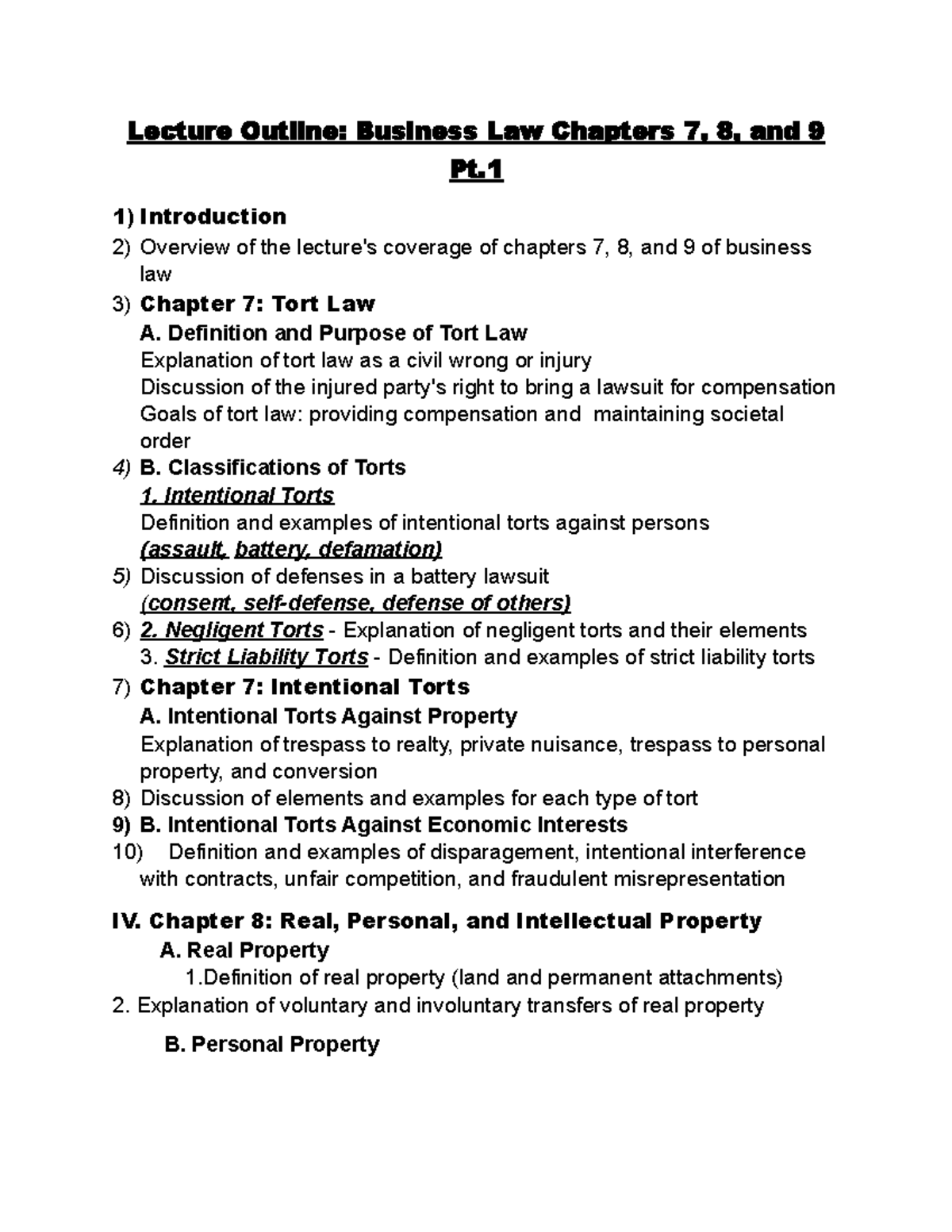 Ch 7 Business Law Notes - Lecture Outline: Business Law Chapters 7, 8 ...