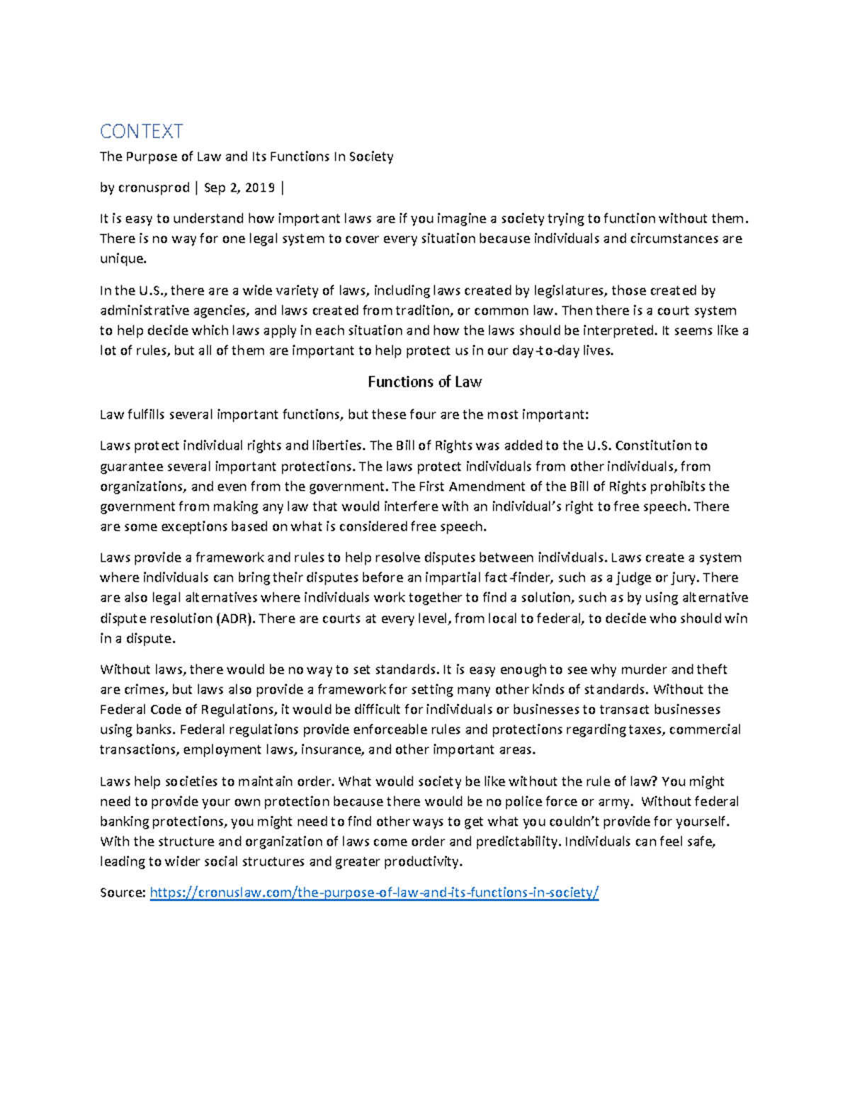 Module 1 draft - Notes - CONTEXT The Purpose of Law and Its Functions ...