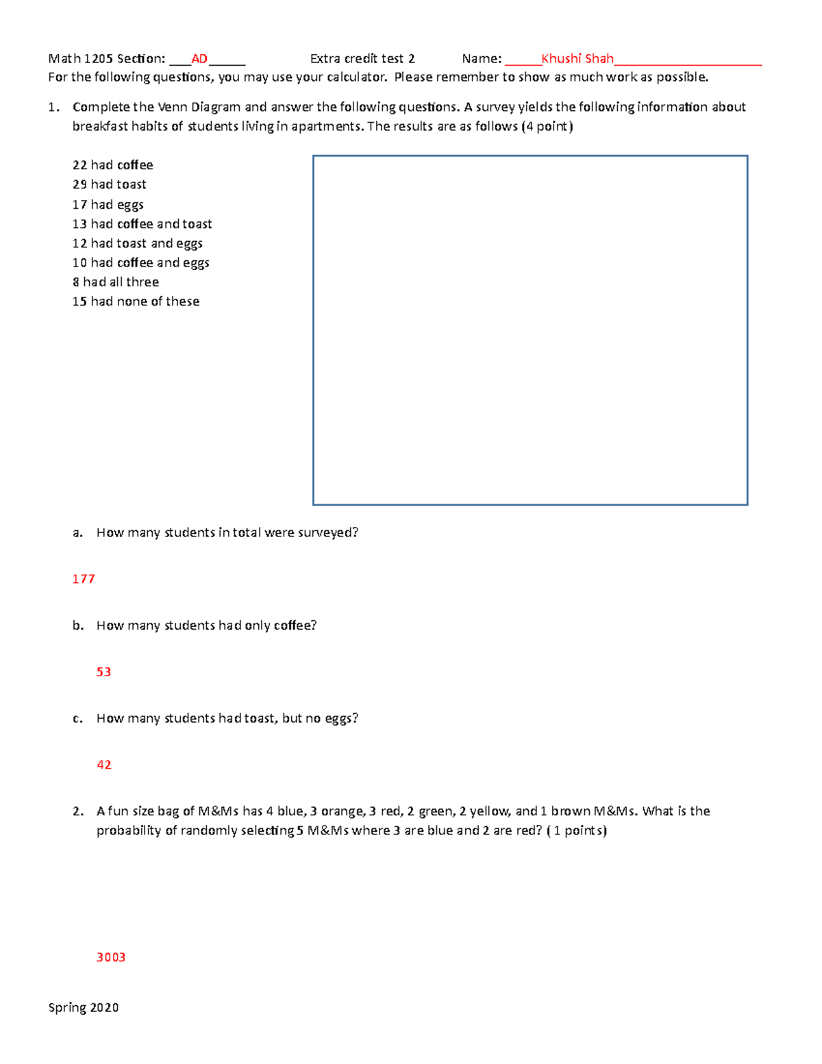 1205 Extra credit Test 2 Spring 2020 - Math 1205 Section: AD__ Extra ...