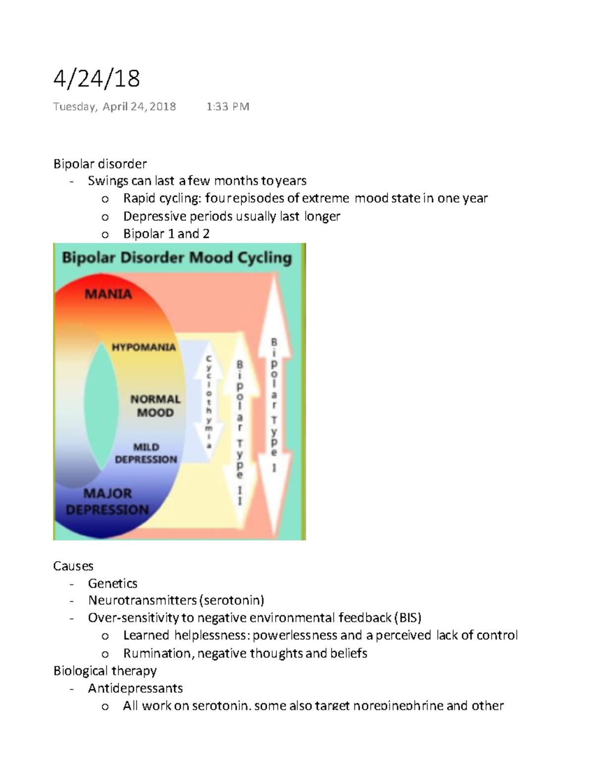 4/24/18 final exam Bipolar disorder Swings can last a few months to