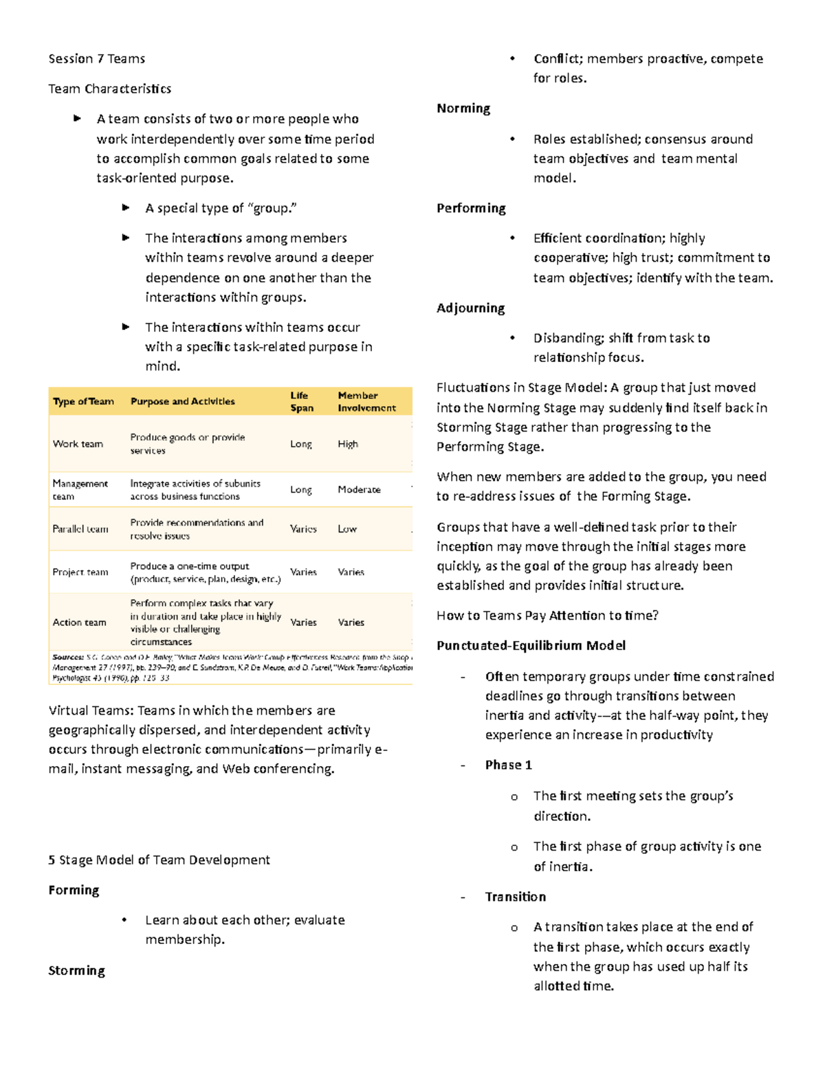 ADMS 2400 Final Notes - Session 7 Teams Team Characteristics A team ...