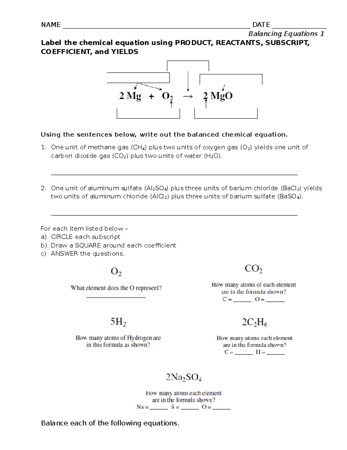 Ch 7 balancing equations 1 - NAME
