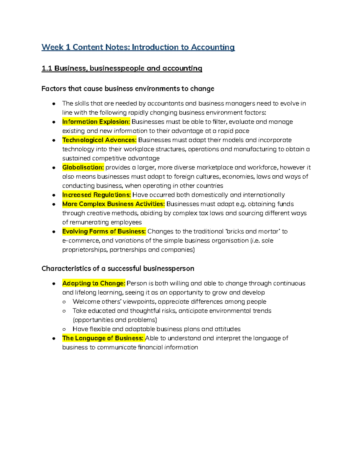 BUSS1030 Notes - Week 1 Content Notes: Introduction to Accounting 1 ...
