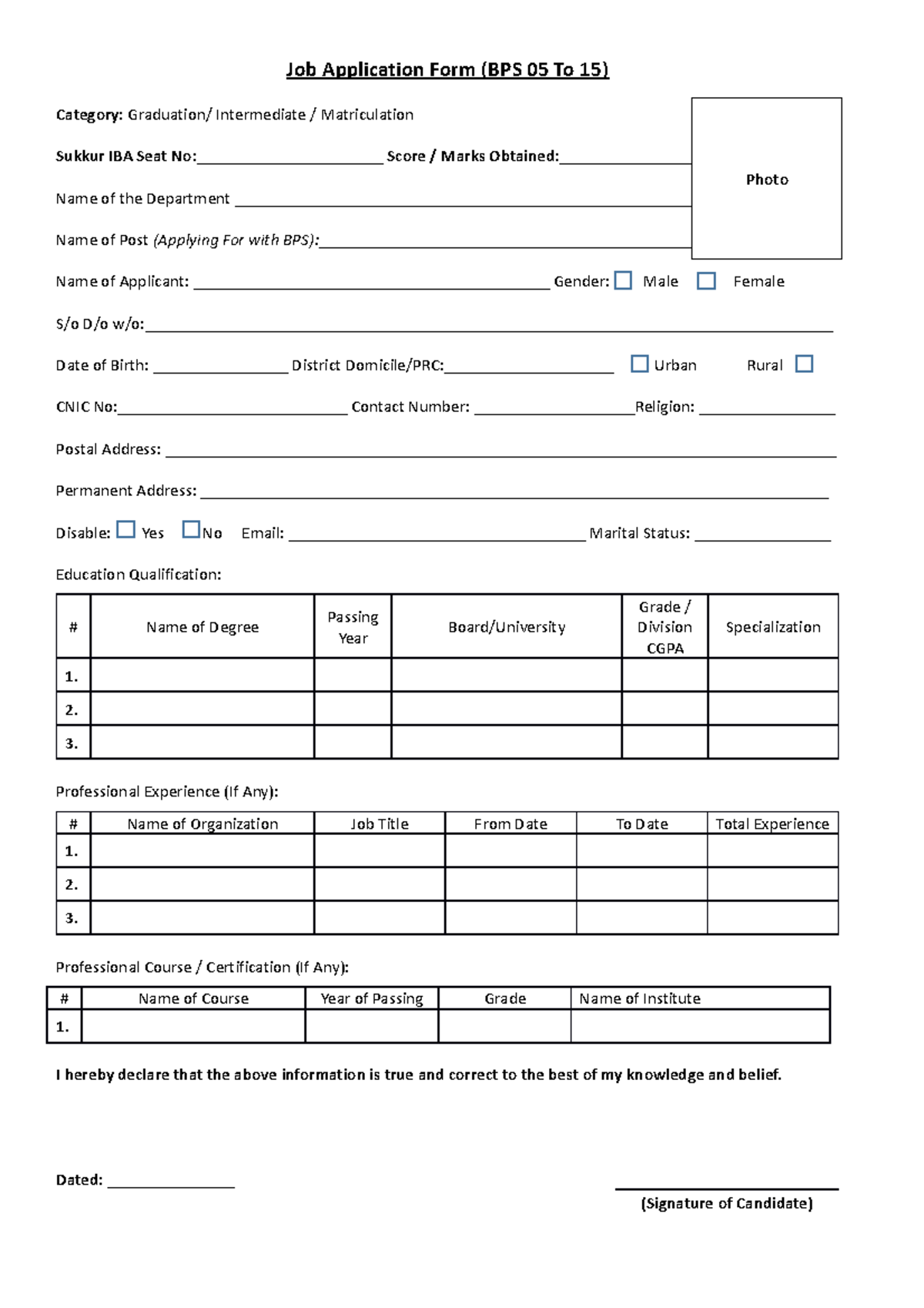 Applciation for 5 to 15 - Very Informative - Job Application Form (BPS ...