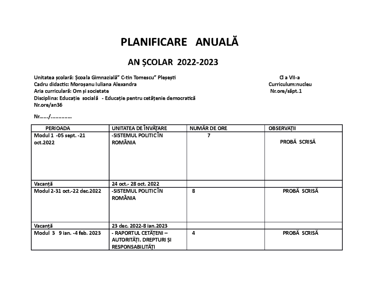 Planificare AnualĂ SI CalendaristicĂ CL, A 7 - PLANIFICARE ANUALĂ AN ...