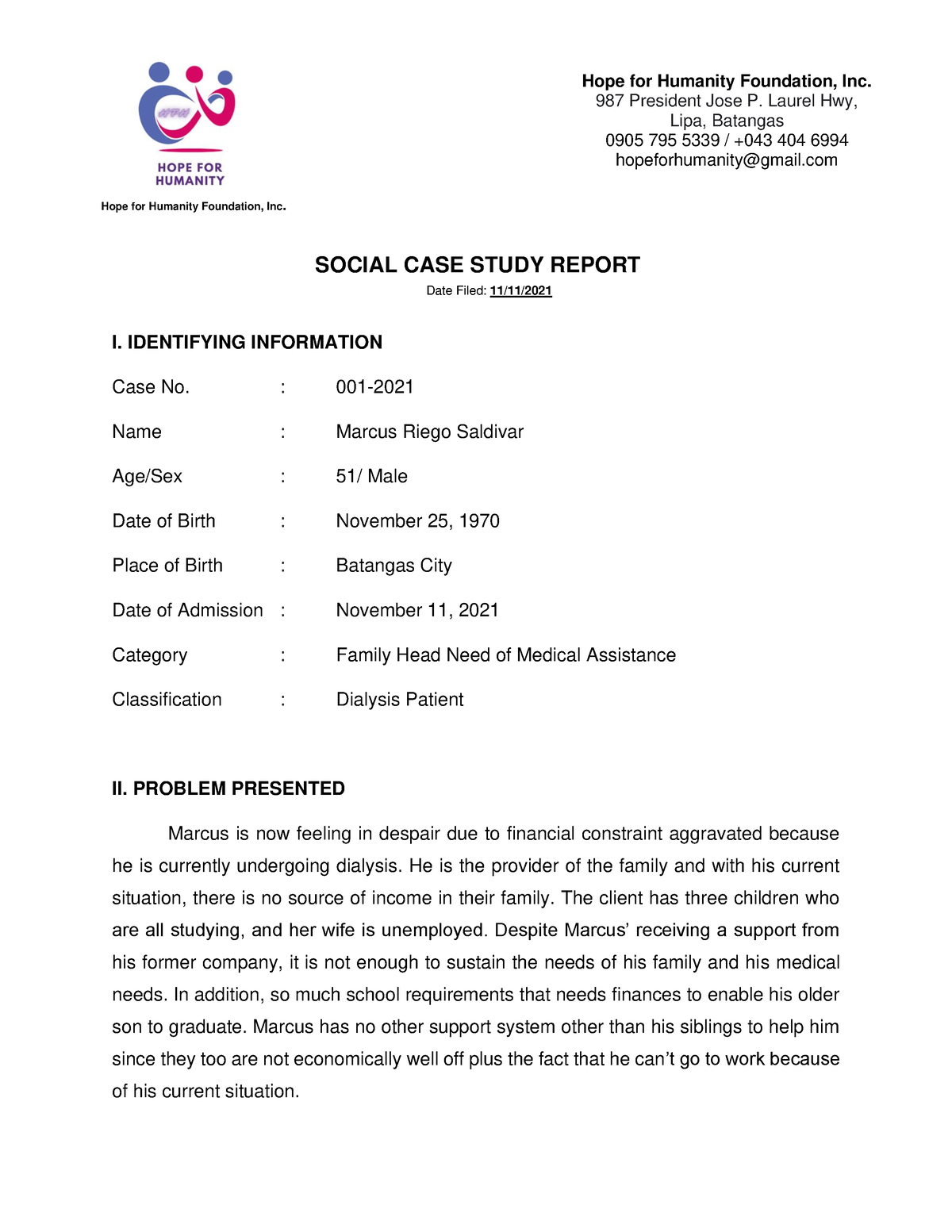 social case study sample format