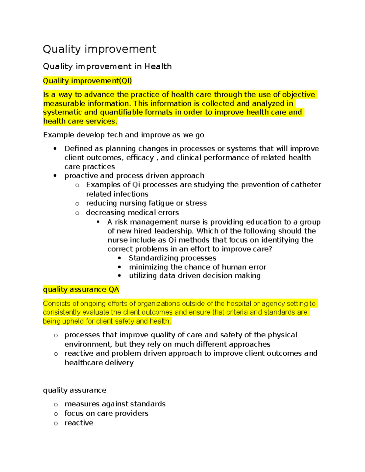 quality improvement paper nursing examples