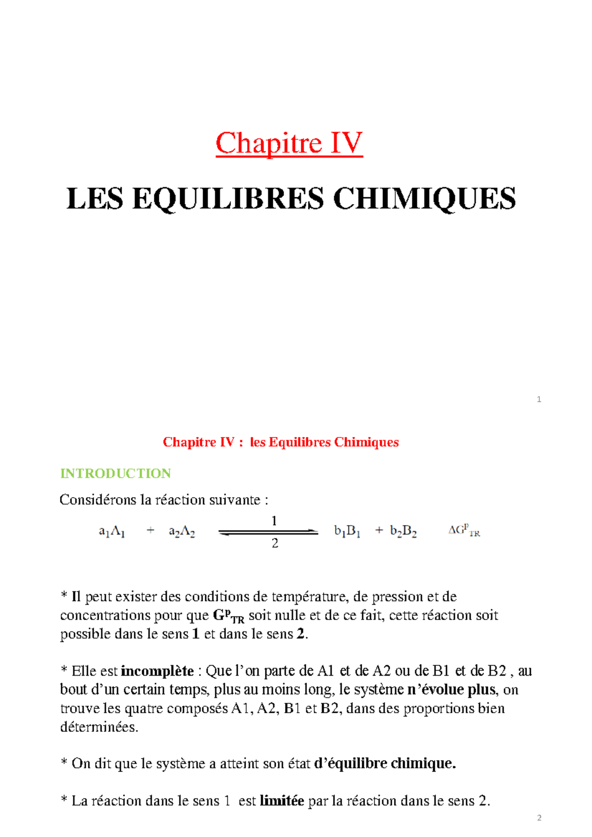 Thermodynamique chapitre 4 - Chapitre IV LES EQUILIBRES CHIMIQUES 1 ...