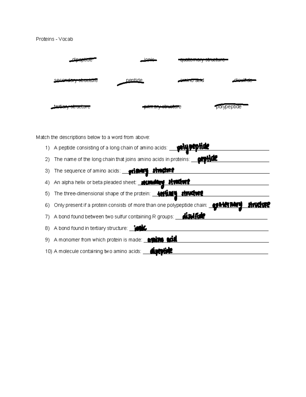 Proteins Vocabulary Proteins Vocab dipeptide ionic quaternary