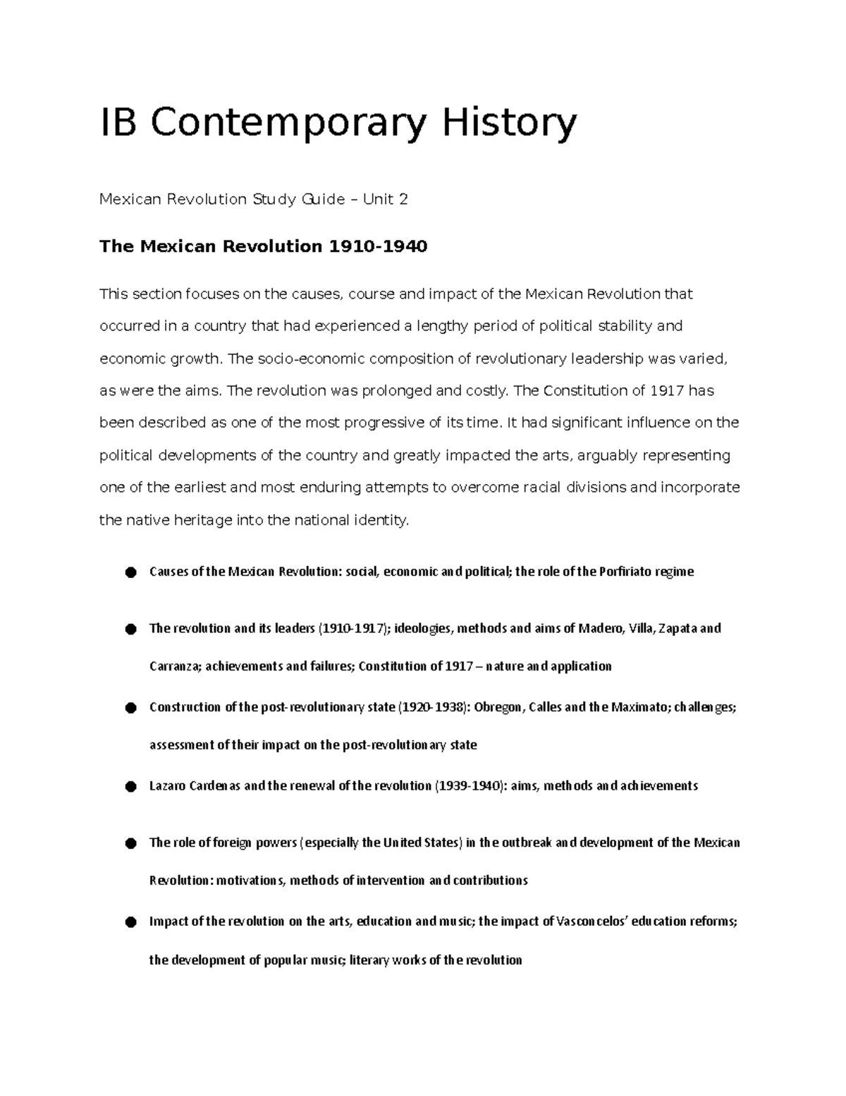 Mexican Revolution study guide unit 2 - IB Contemporary History