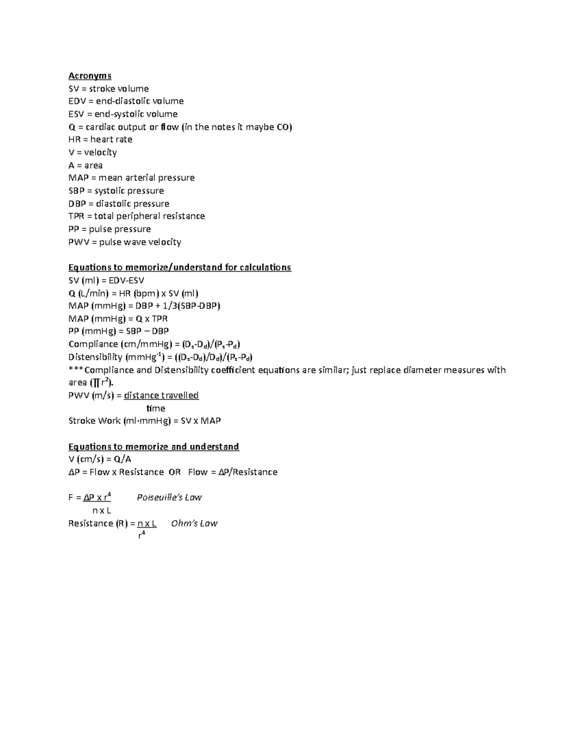 Formula summary - Lecture notes 1-6 - Acronyms SV = stroke volume EDV ...