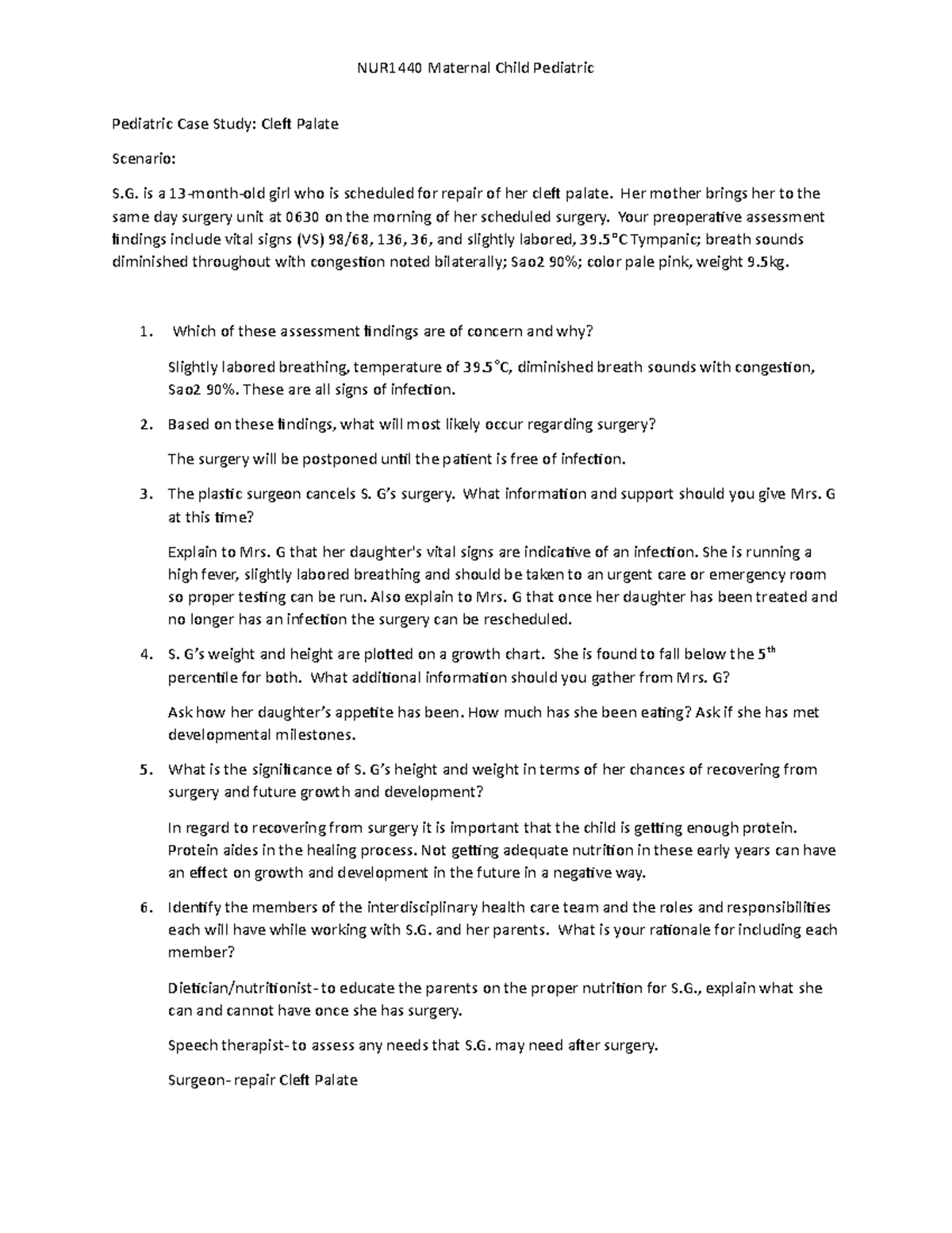 ATI pediatric Cleft palate case study NUR1440 Maternal Child
