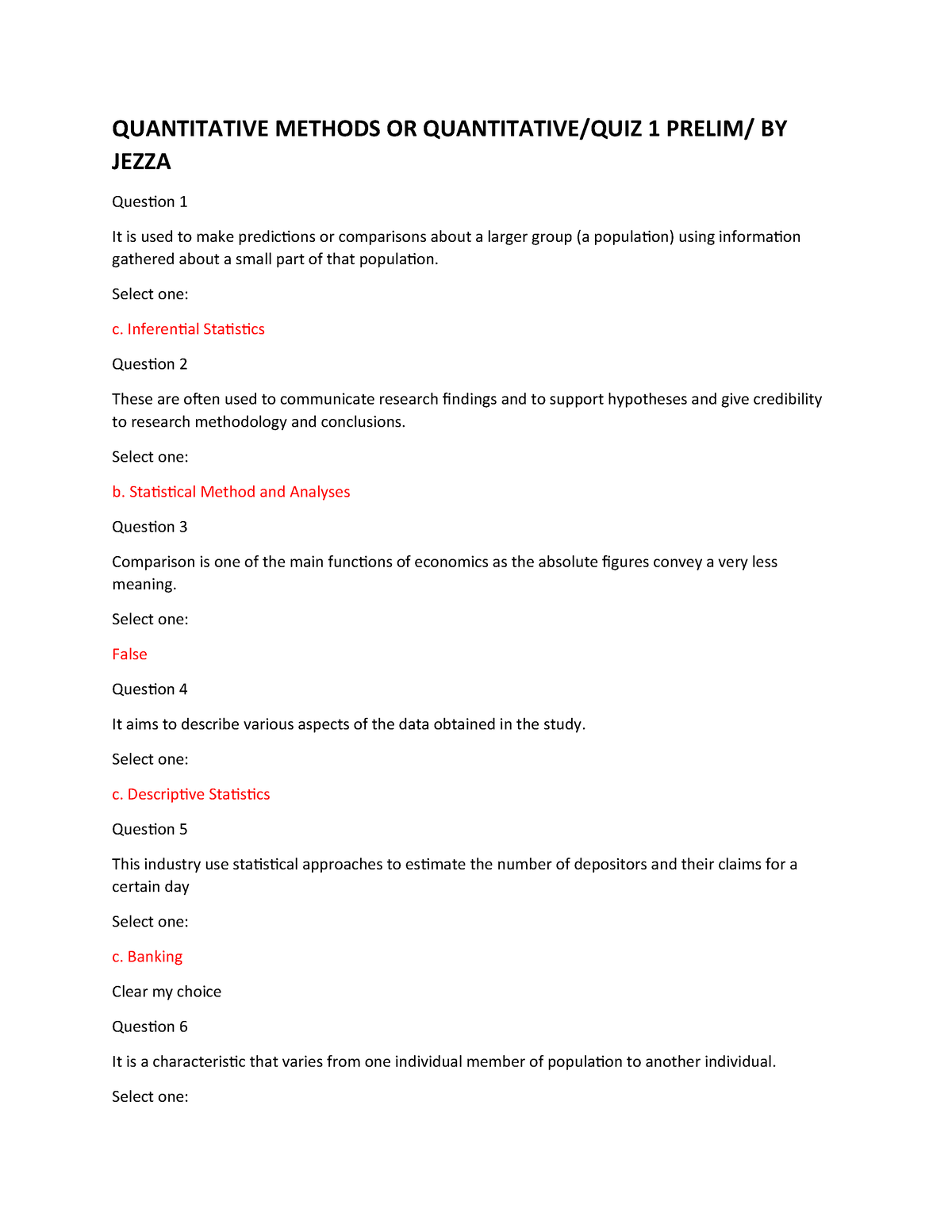 Pdfcoffee - Answer Key!!! - QUANTITATIVE METHODS OR QUANTITATIVE/QUIZ 1 ...