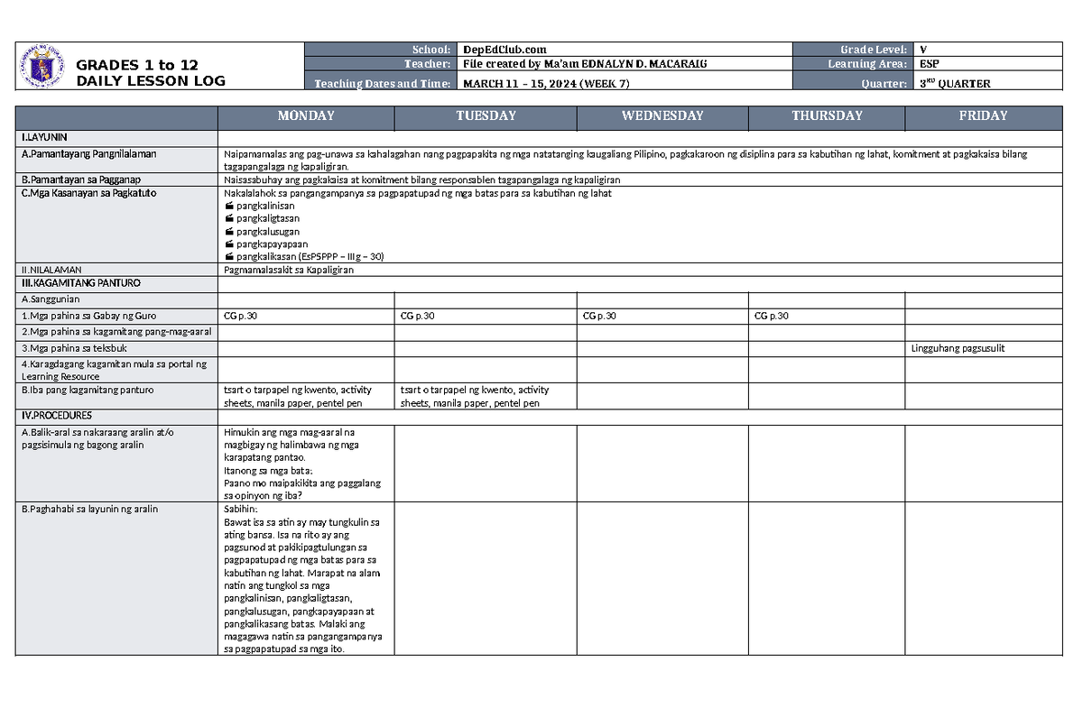 DLL ESP 5 Q3 W7 - GRADES 1 to 12 DAILY LESSON LOG School: DepEdClub ...