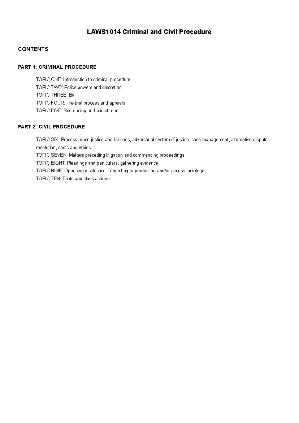 Laws1014 criminal and civil procedure summary notes - LAWS1014 Criminal ...