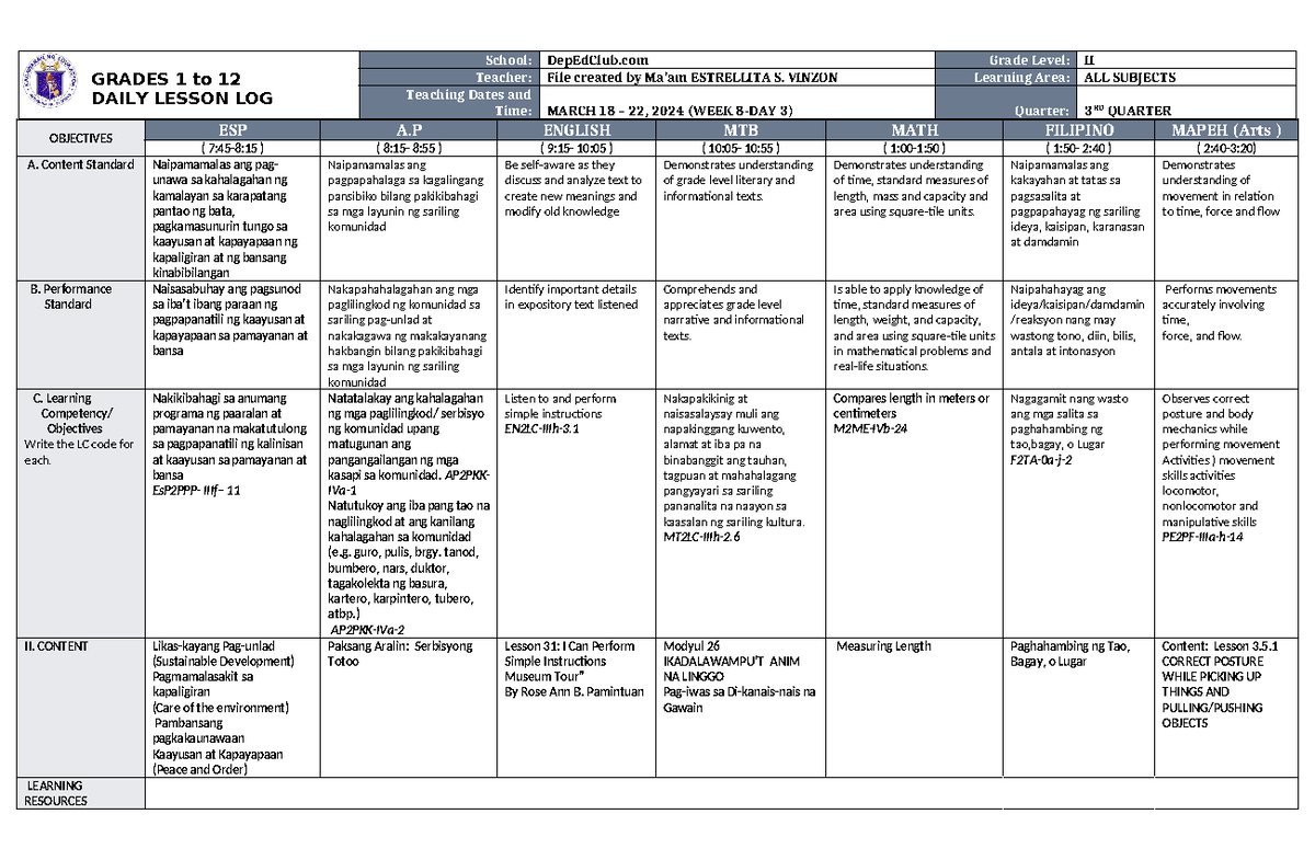 DLL ALL Subjects 2 Q3 W8 D3 - GRADES 1 to 12 DAILY LESSON LOG School ...