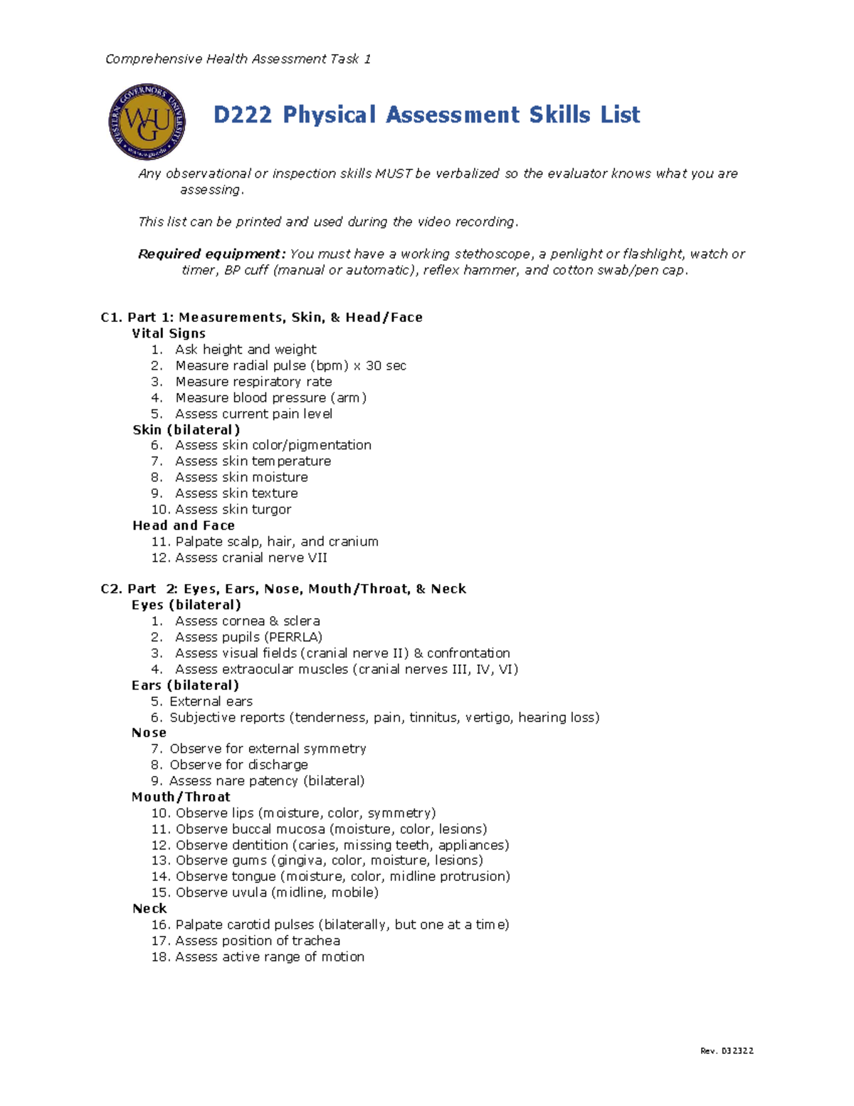 D222 Physical Assessment Skills List Comprehensive Health Assessment