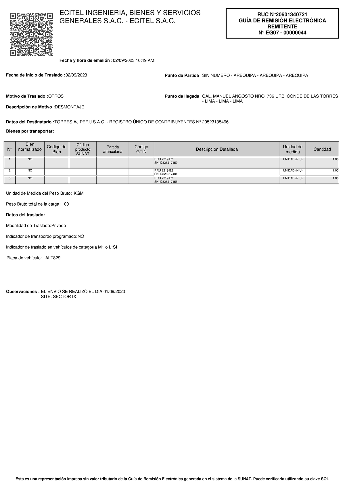 20601340721 09 Eg07 44 Logistica Ruc N° GuÍa De RemisiÓn ElectrÓnica Remitente N° Eg07 