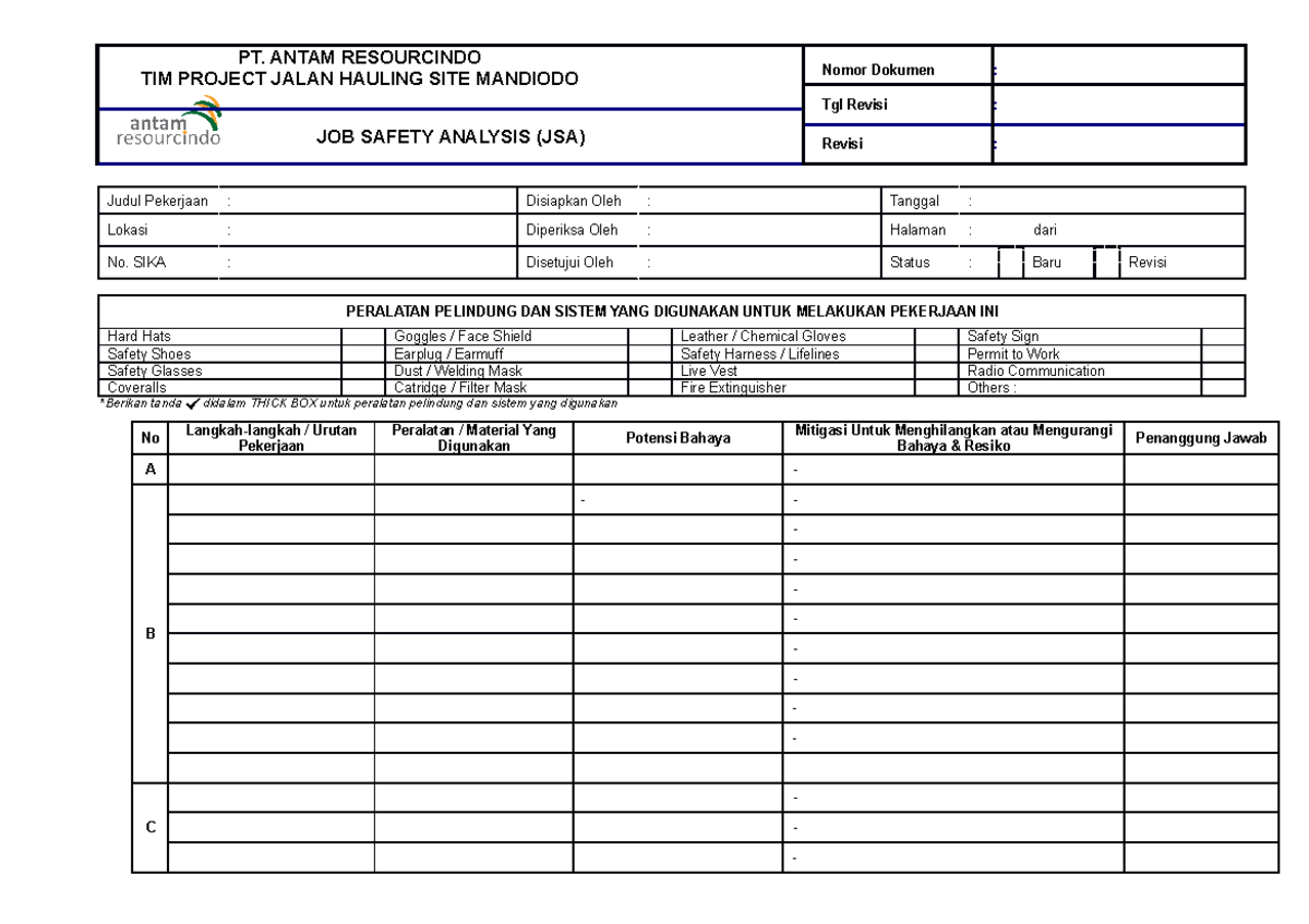 Form JSA kosong - JSA Format Template - TIM PROJECT JALAN HAULING SITE ...