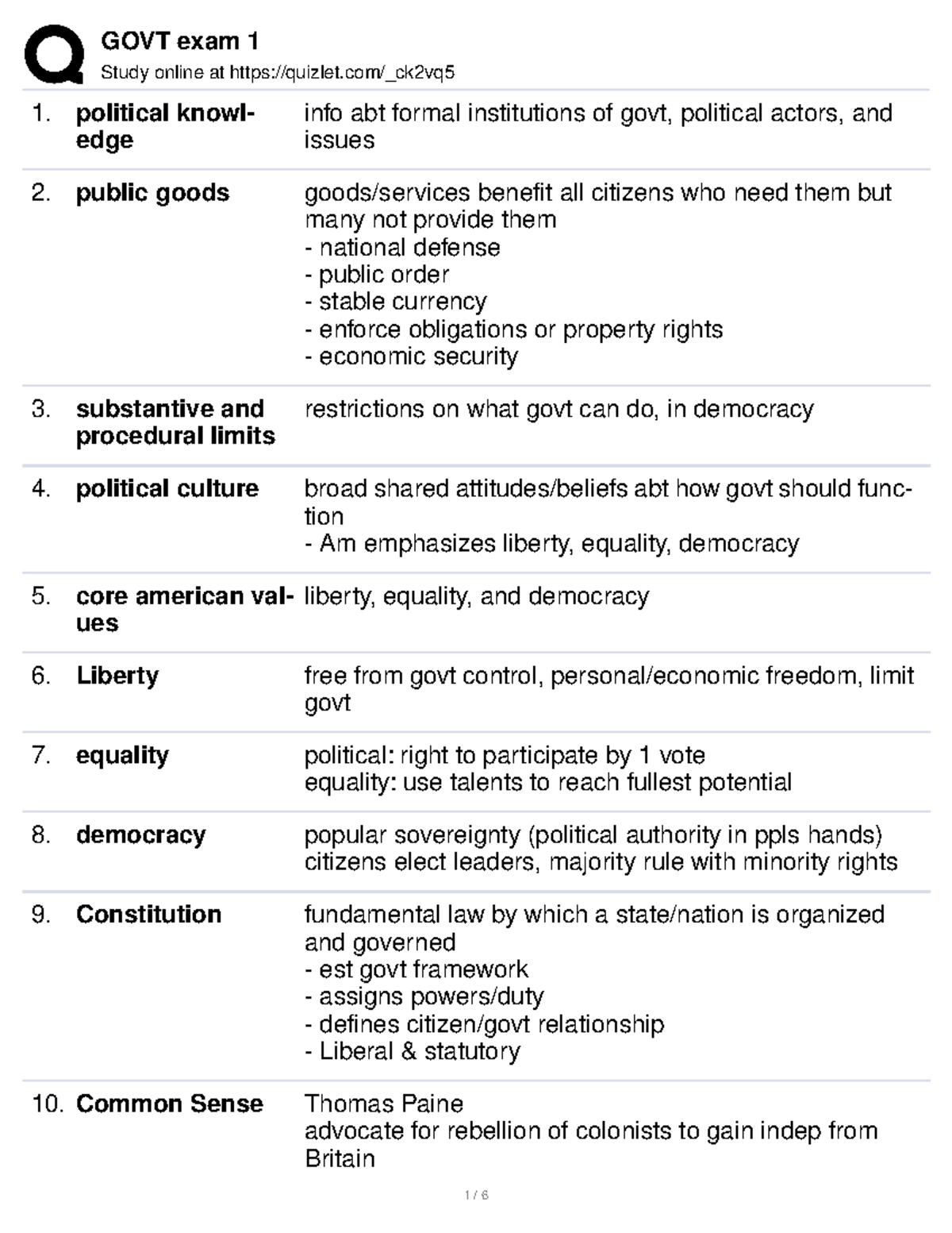 GOVT Exam 1 Flashcards - Study Online At Quizlet/_ck2vq Political Knowl ...