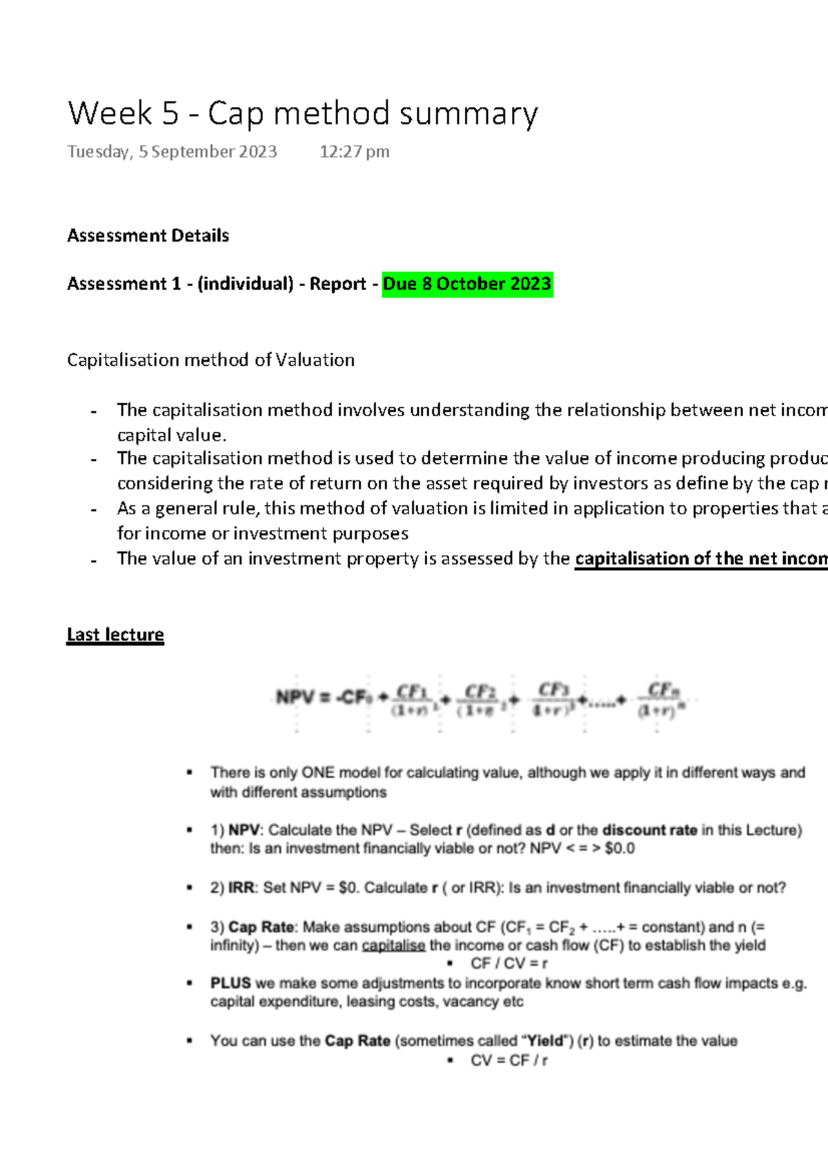 Week 5 Cap method summary Assessment Details Assessment 1