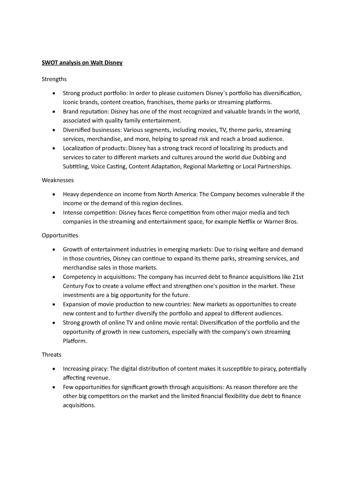 SWOT analysis on Walt Disney - SWOT analysis on Walt Disney Strengths ...