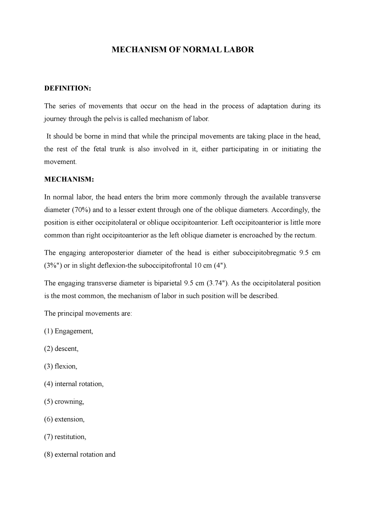 Mechanism OF Normal Labor - MECHANISM OF NORMAL LABOR DEFINITION: The ...