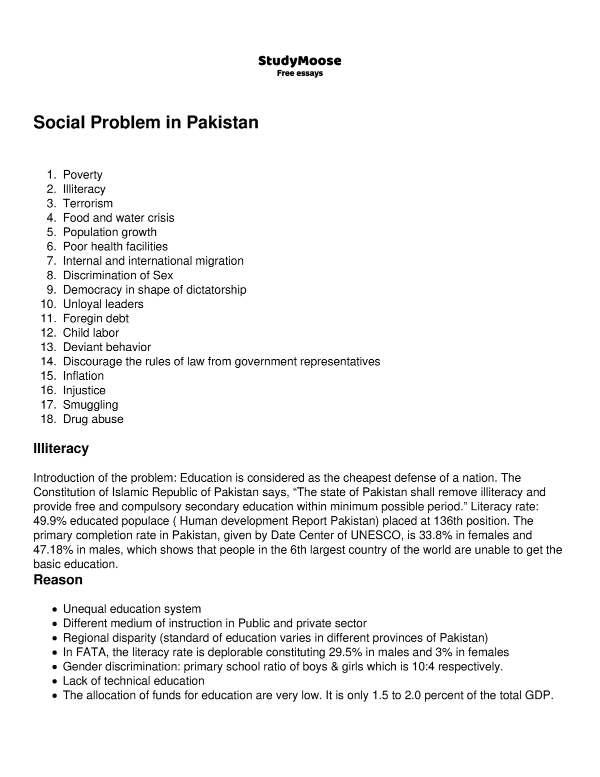 essay on social issues in pakistan