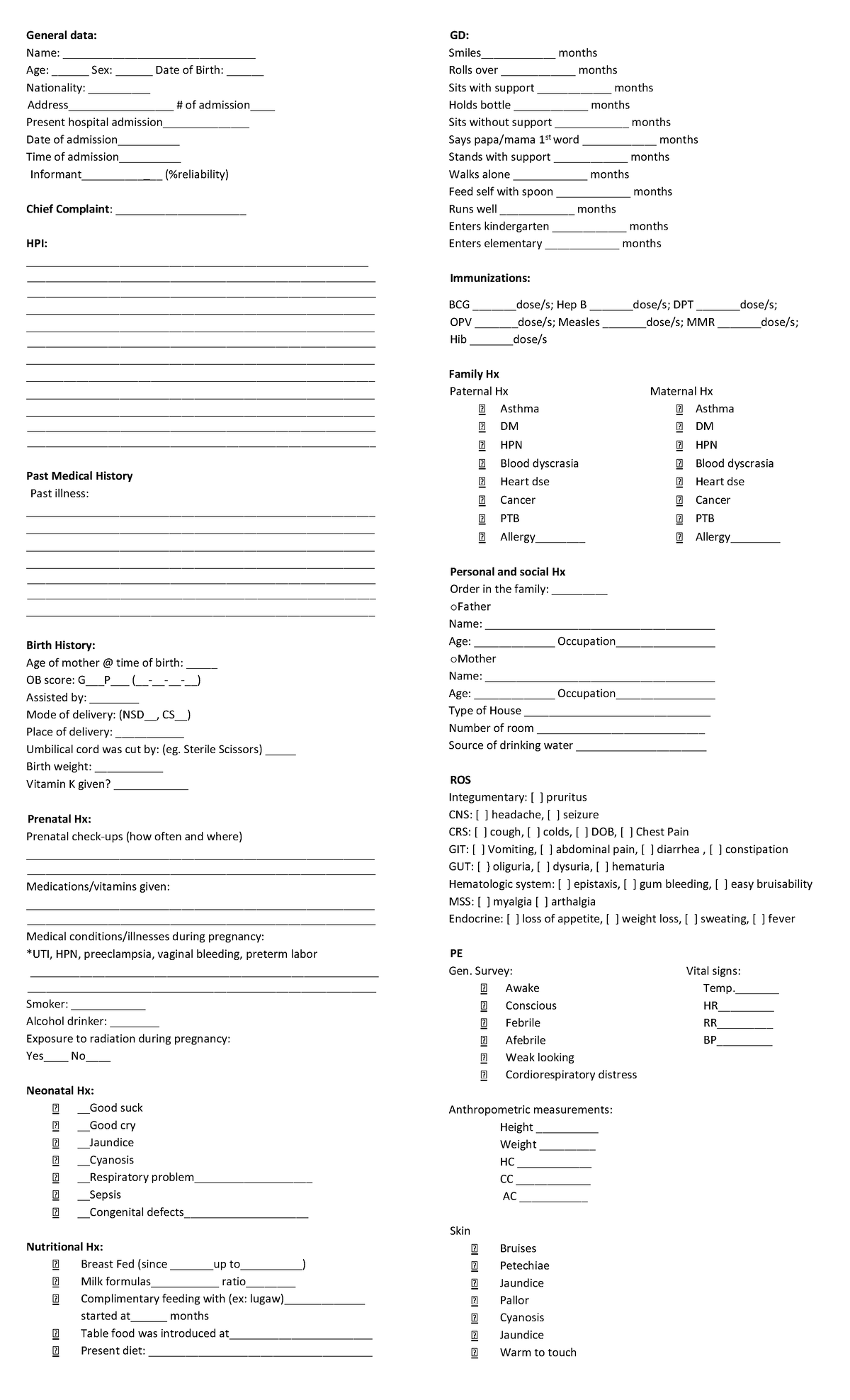 Pedia ward assessment tool - General data: Name ...