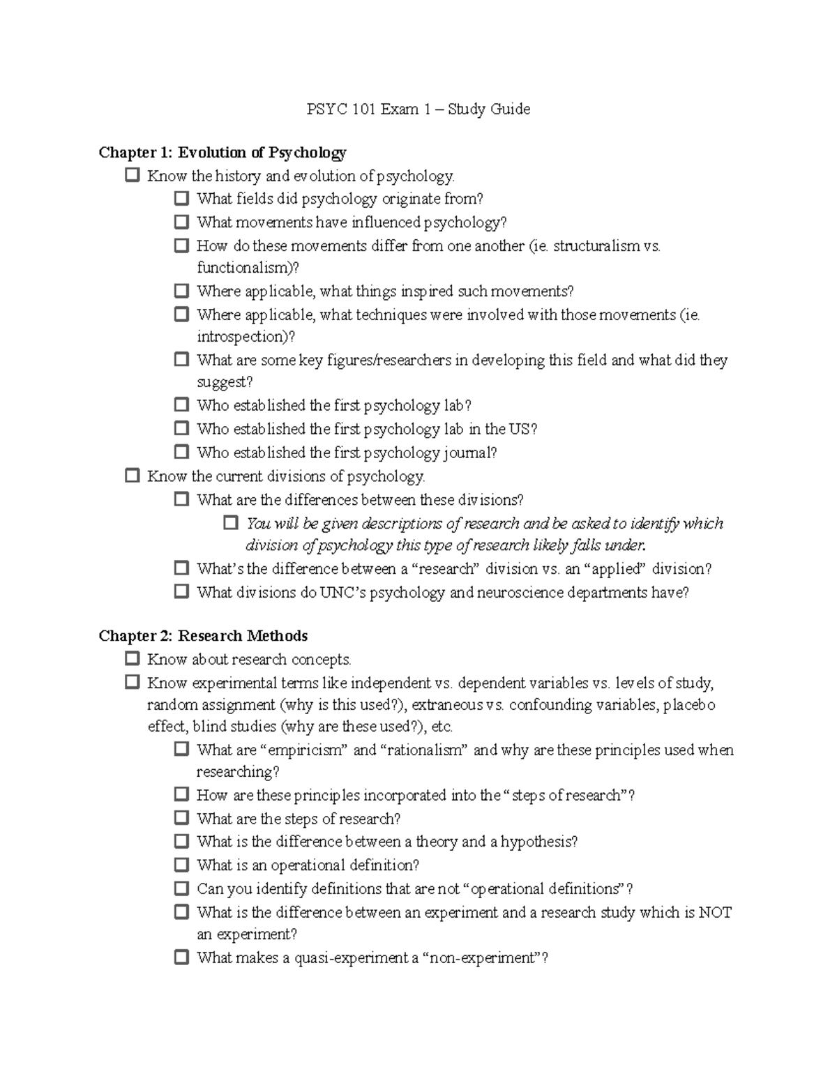 PSYC 101 Exam 1 Study Guide - PSYC 101 Exam 1 – Study Guide Chapter 1 ...