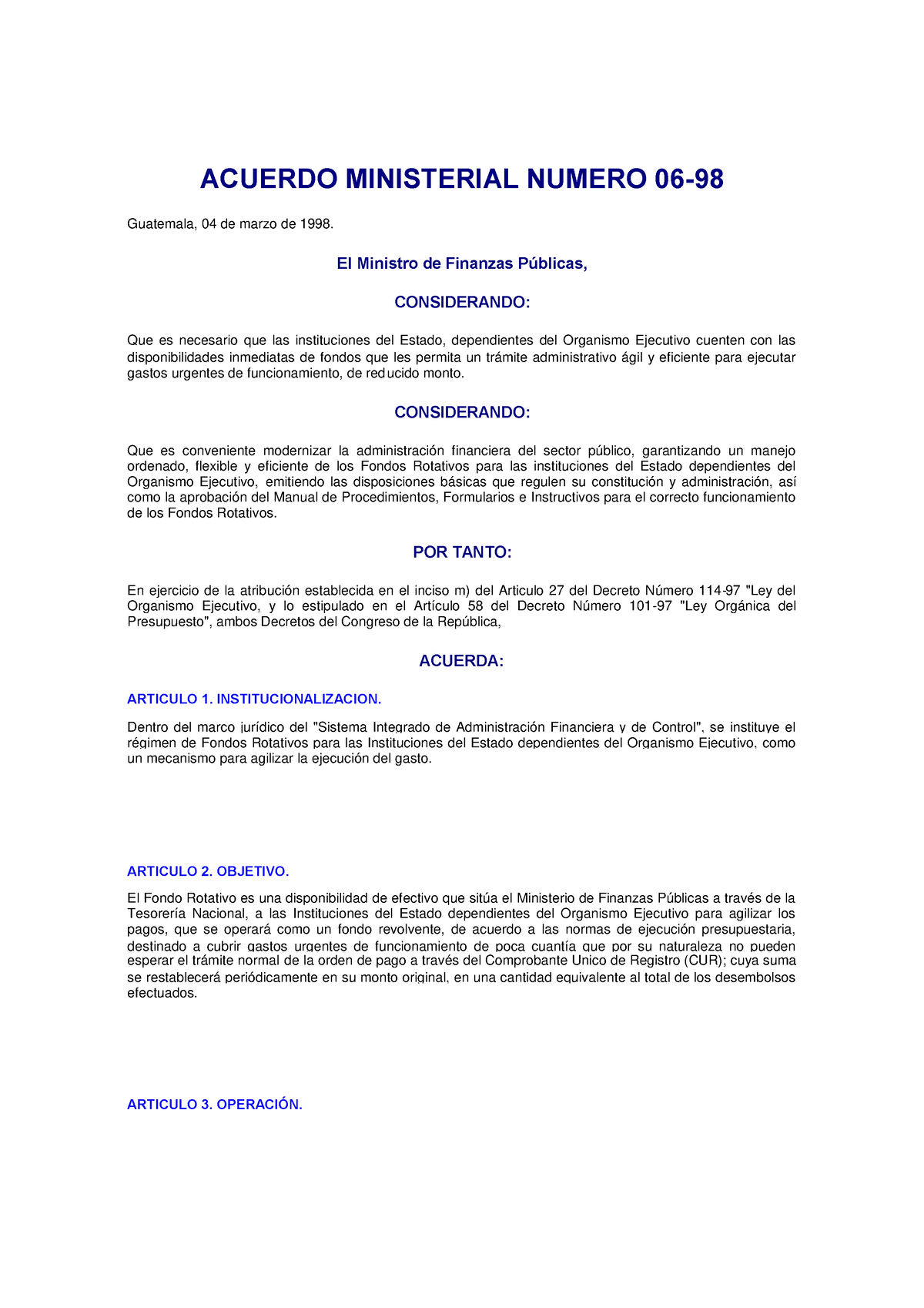 Acuerdo Ministerial 06-98 - ACUERDO MINISTERIAL NUMERO 06- Guatemala ...