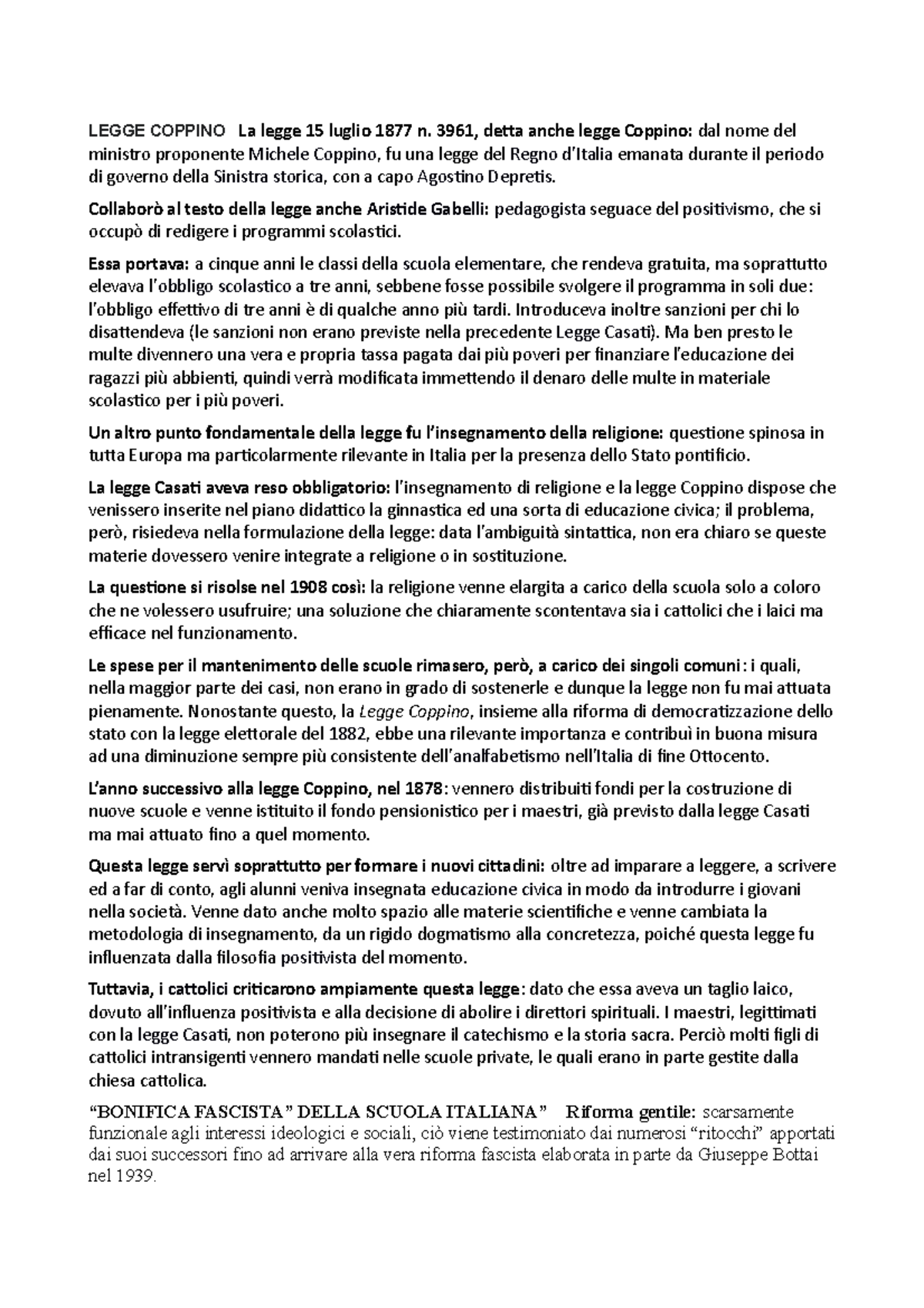 Legge Coppino fatto bene LEGGE COPPINO La legge 15 luglio 1877 n